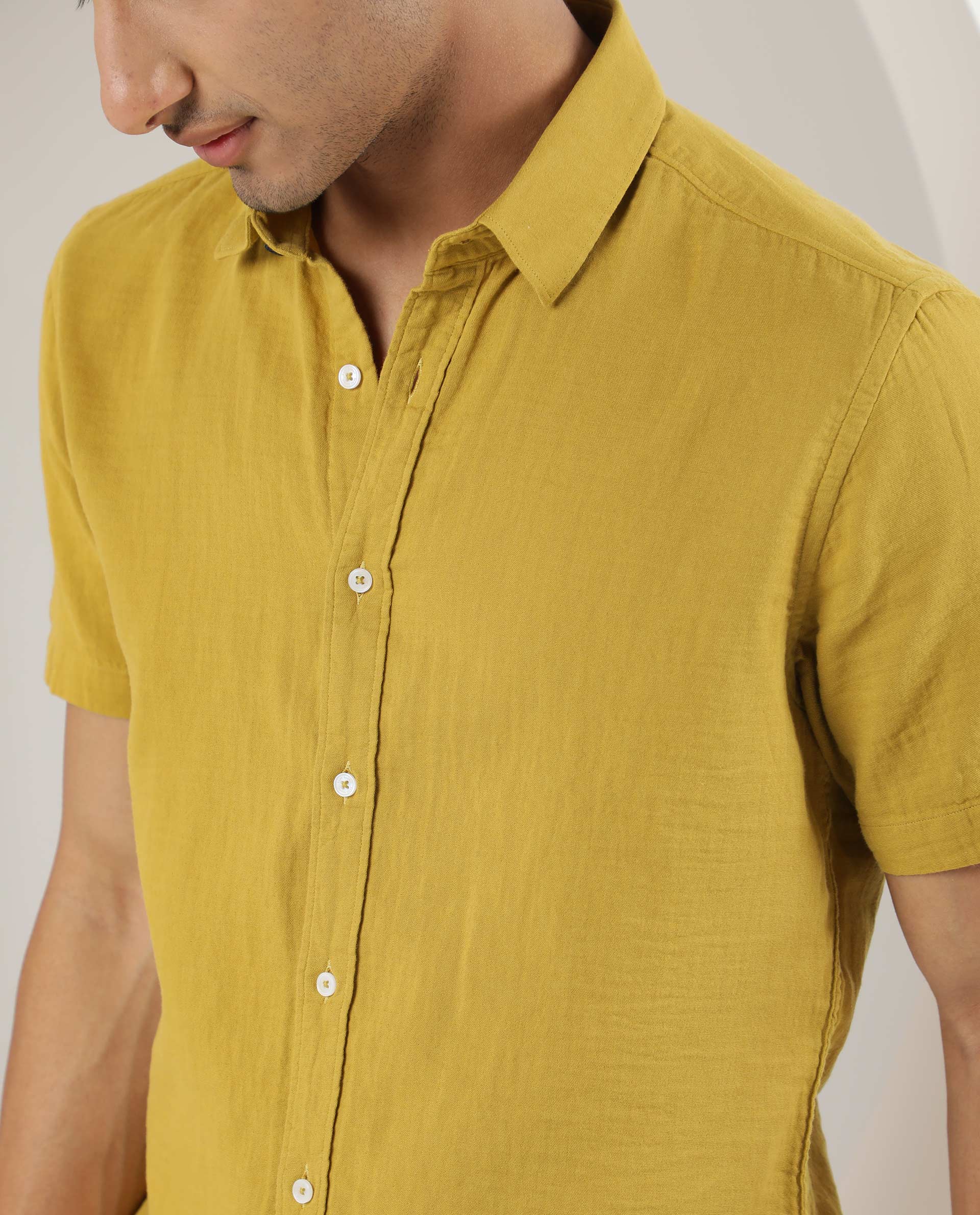 Rare Rabbit Men's Lay Yellow Cotton Plain Regular Fit Half Sleeve Collared Shirt - Image 4