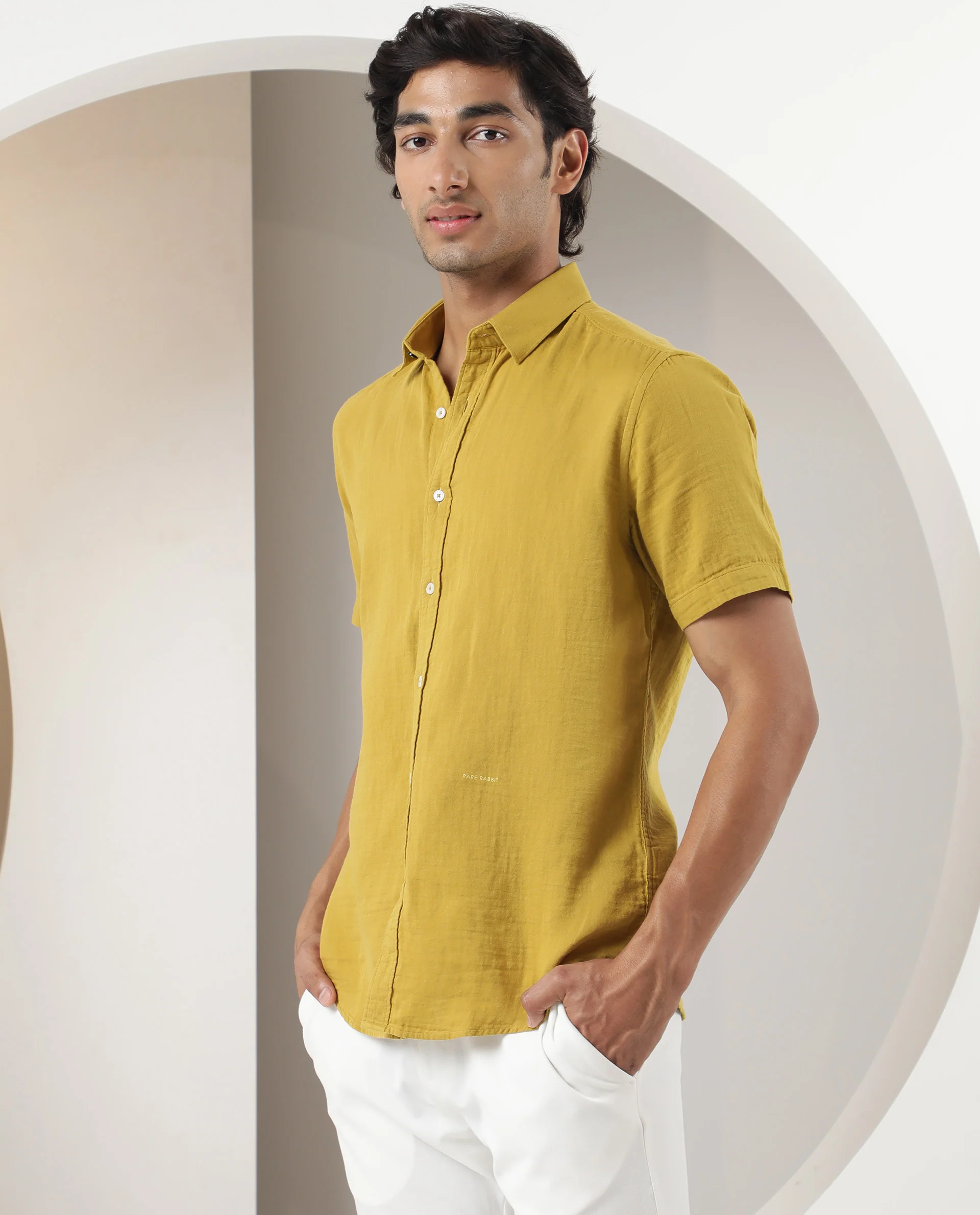 Rare Rabbit Men's Lay Yellow Cotton Plain Regular Fit Half Sleeve Collared Shirt - Image 5