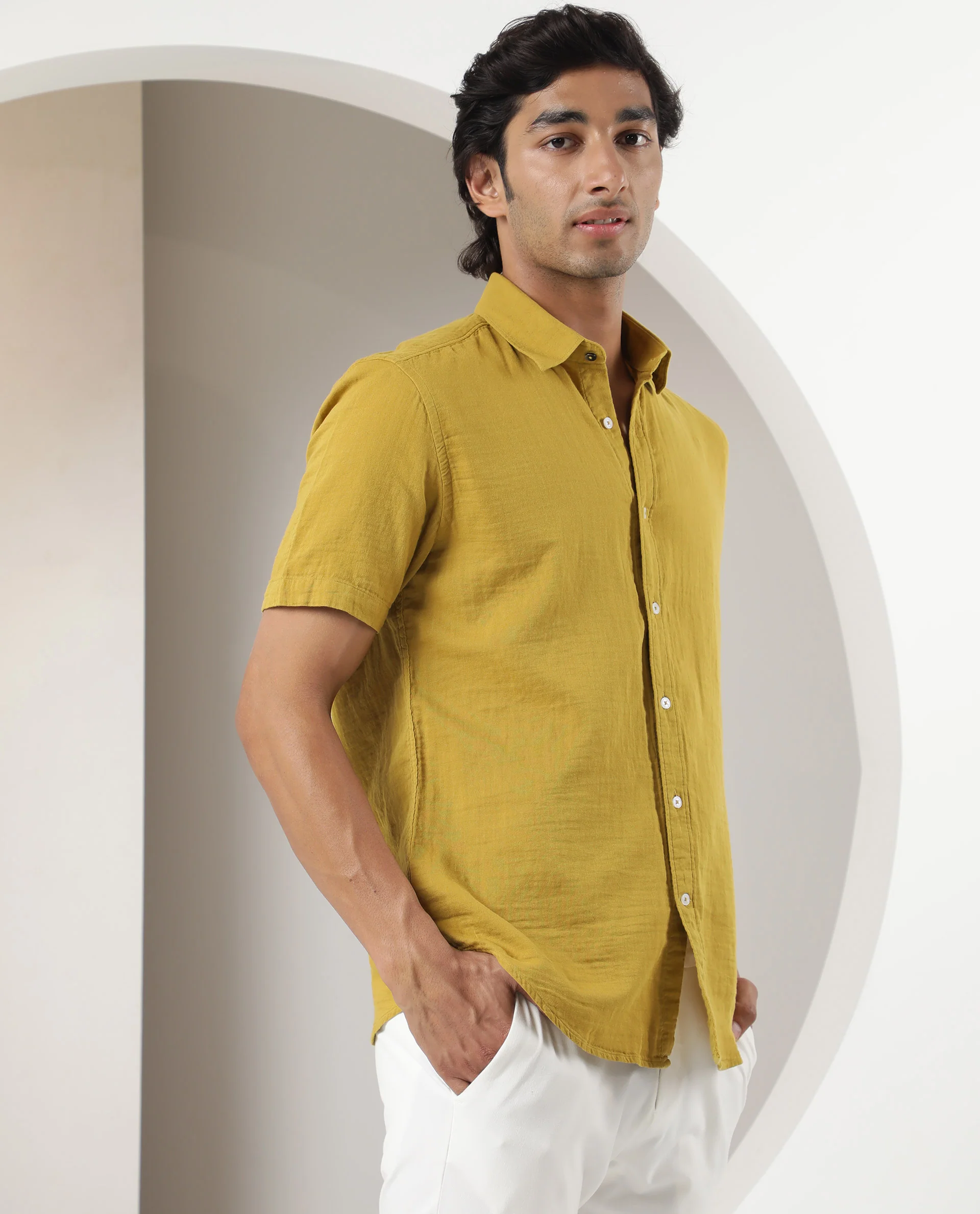 Rare Rabbit Men's Lay Yellow Cotton Plain Regular Fit Half Sleeve Collared Shirt - Image 6