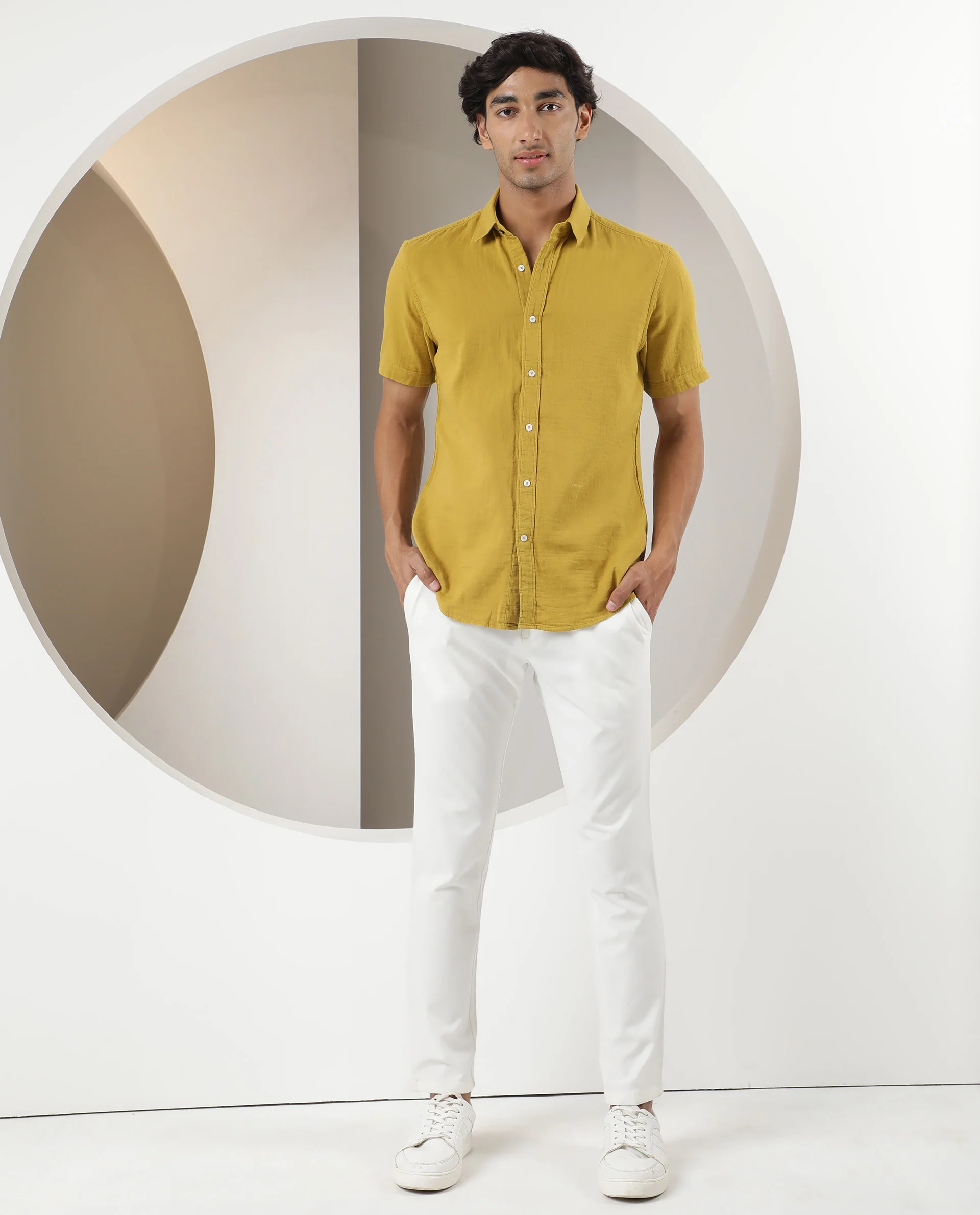 Rare Rabbit Men's Lay Yellow Cotton Plain Regular Fit Half Sleeve Collared Shirt - Image 7