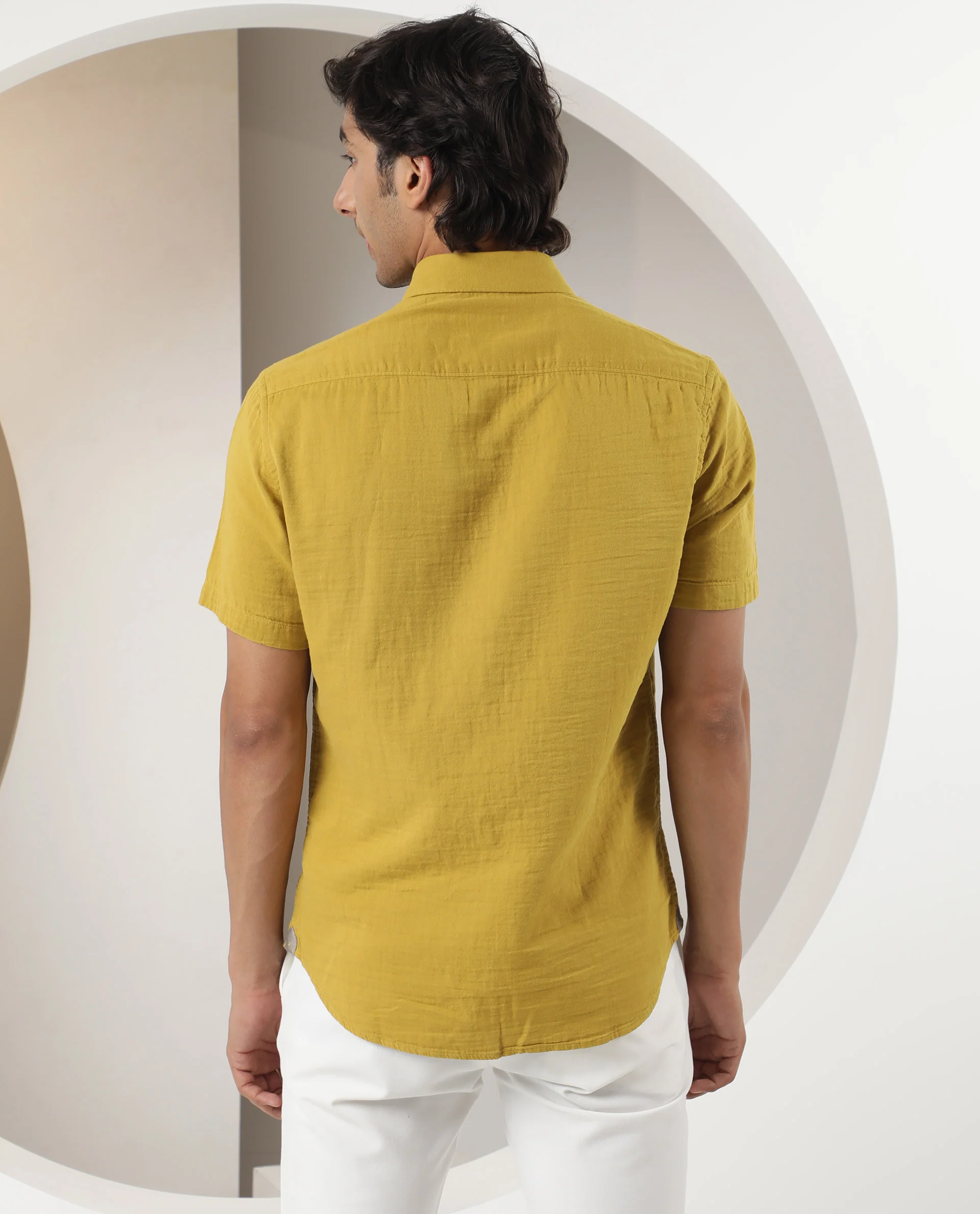 Rare Rabbit Men's Lay Yellow Cotton Plain Regular Fit Half Sleeve Collared Shirt - Image 8