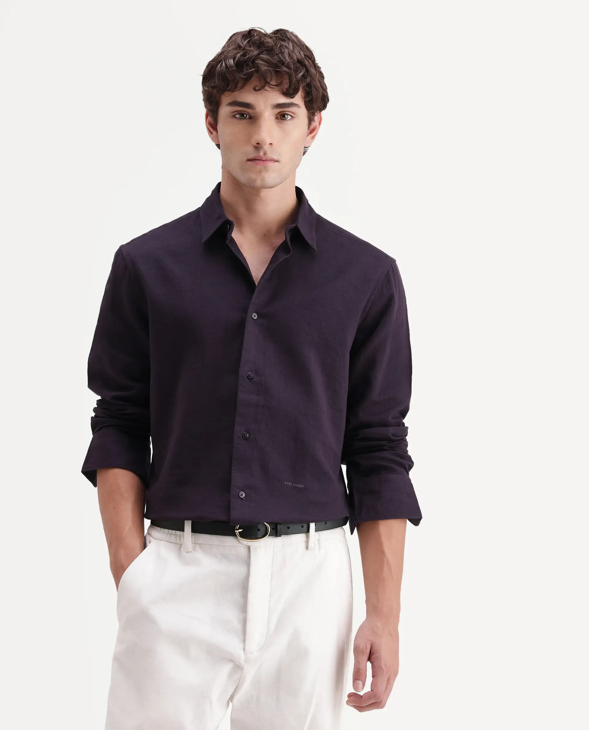 Rare Rabbit Men's Layer-Ls-Aw26 Dark Purple Cotton Spread Collar Regular Plain Shirt - Image 4