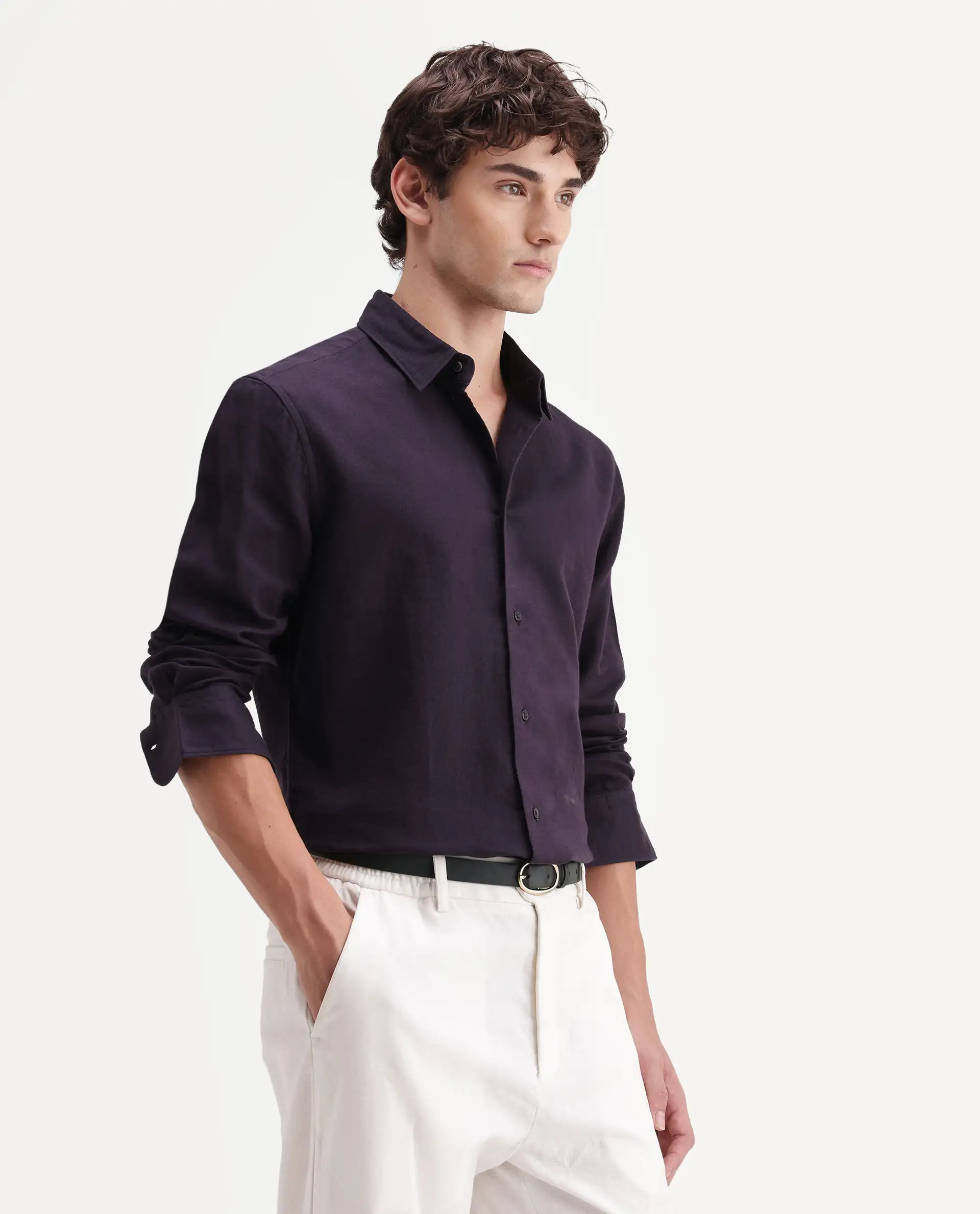 Rare Rabbit Men's Layer-Ls-Aw26 Dark Purple Cotton Spread Collar Regular Plain Shirt - Image 5