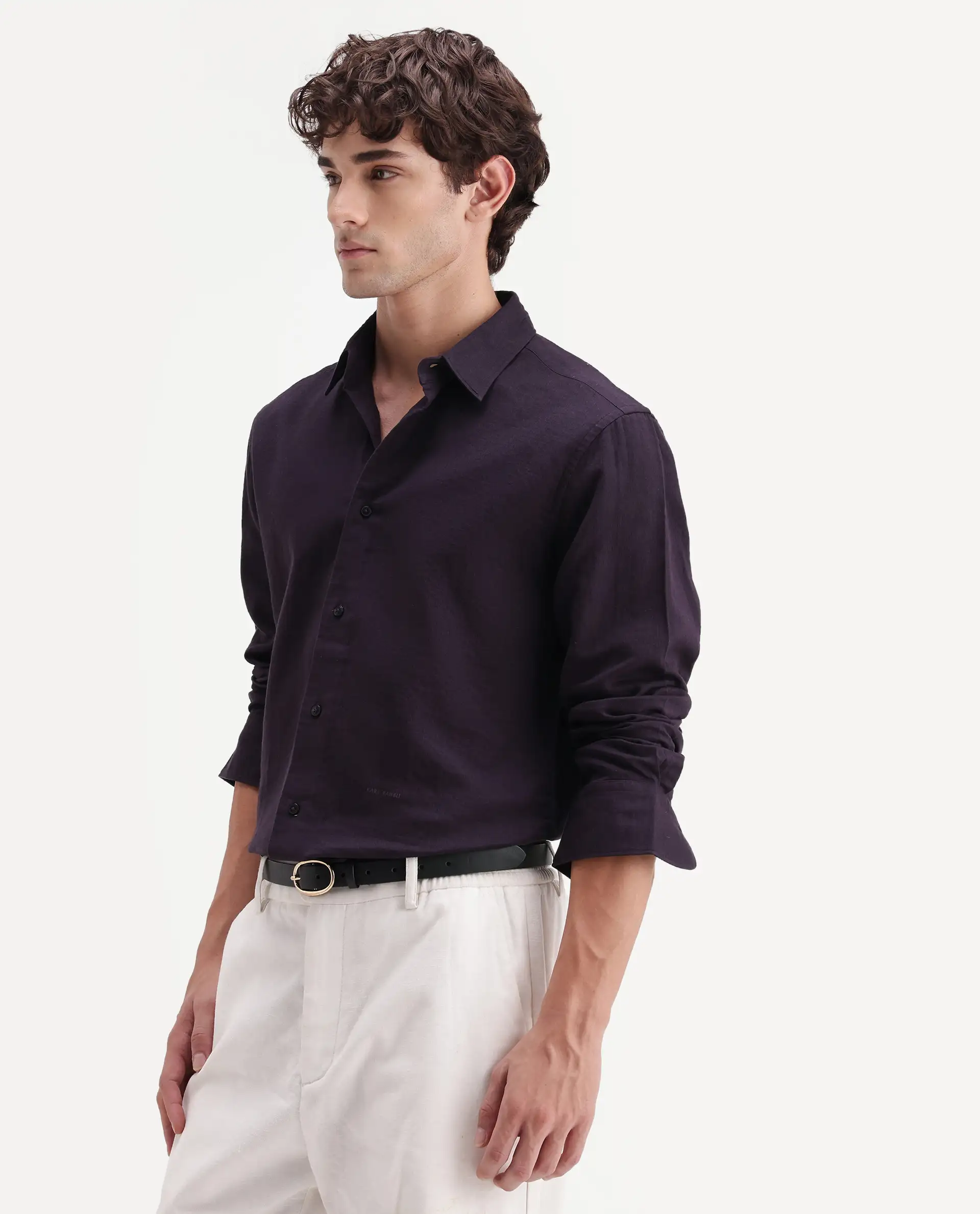 Rare Rabbit Men's Layer-Ls-Aw26 Dark Purple Cotton Spread Collar Regular Plain Shirt - Image 6