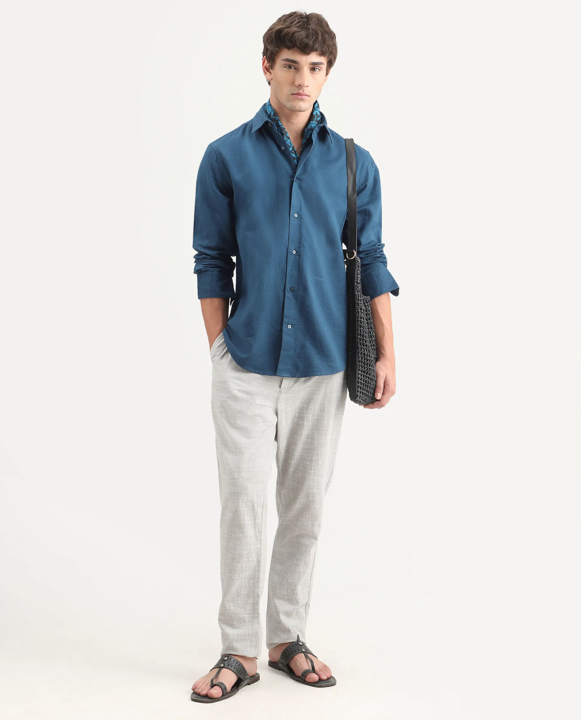 Rare Rabbit Men's Layer-Ls-Aw26 Dark Teal Cotton Spread Collar Regular Plain Shirt - Image 2