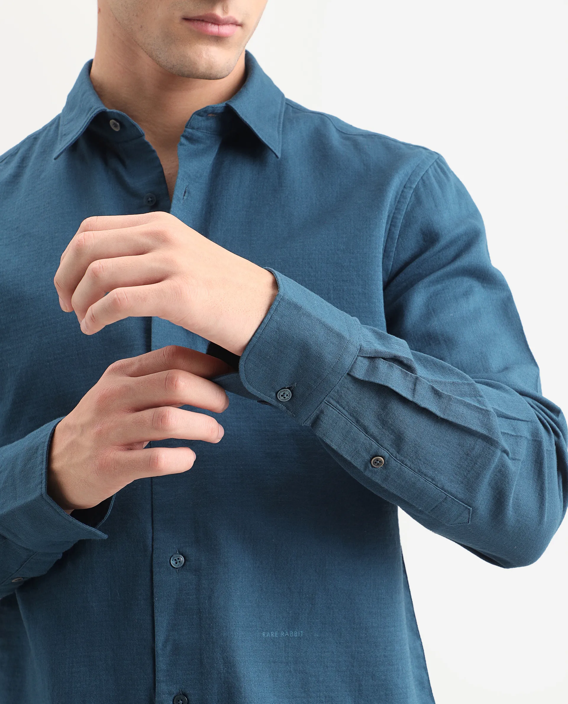 Rare Rabbit Men's Layer-Ls-Aw26 Dark Teal Cotton Spread Collar Regular Plain Shirt - Image 3