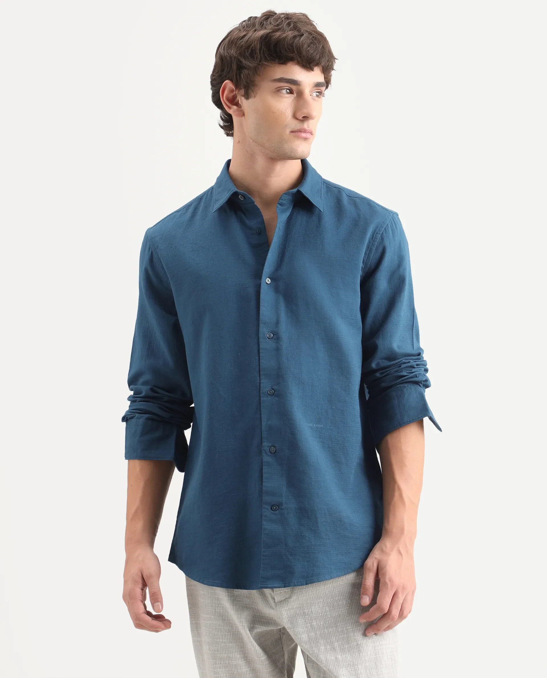 Rare Rabbit Men's Layer-Ls-Aw26 Dark Teal Cotton Spread Collar Regular Plain Shirt - Image 4