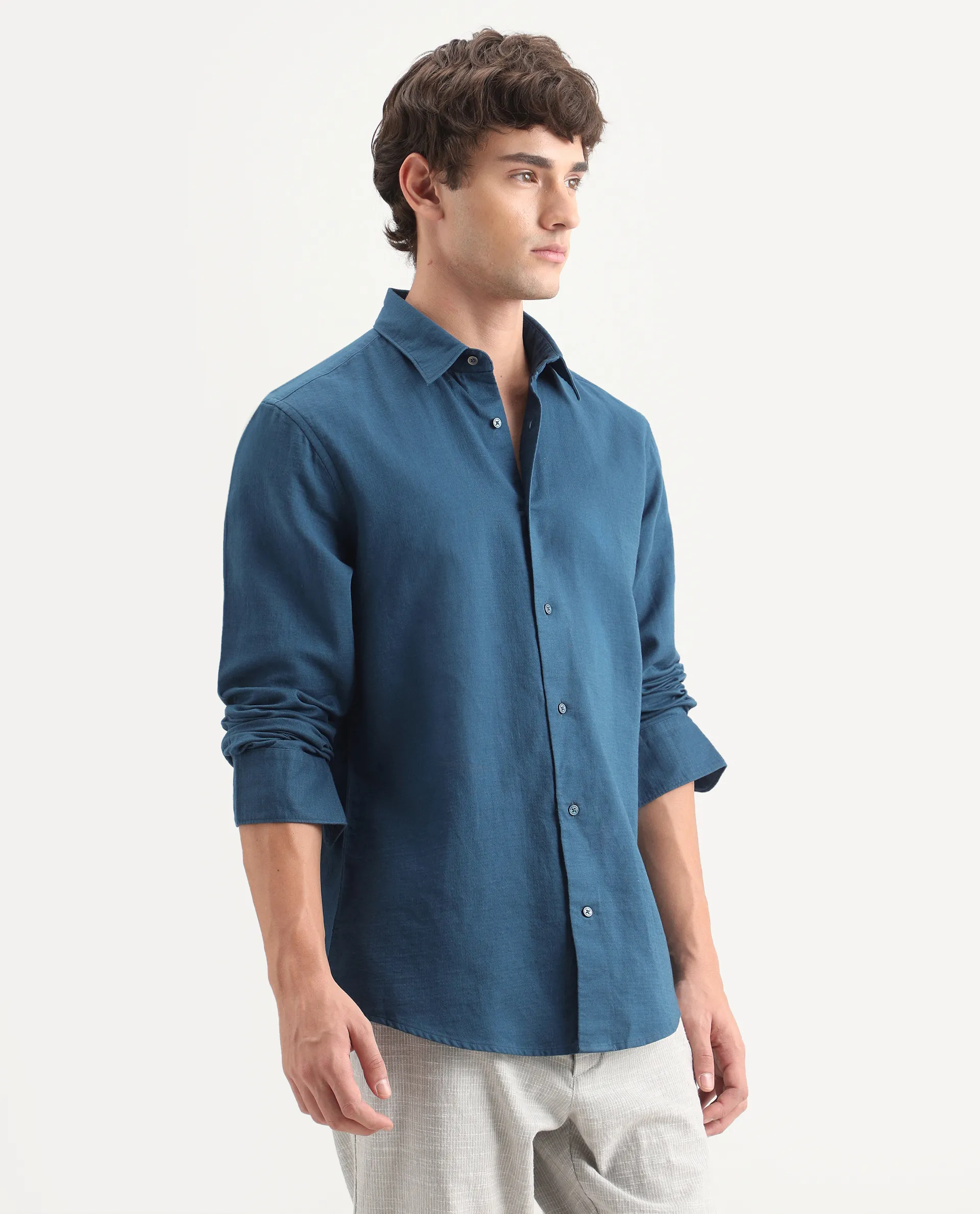 Rare Rabbit Men's Layer-Ls-Aw26 Dark Teal Cotton Spread Collar Regular Plain Shirt - Image 5