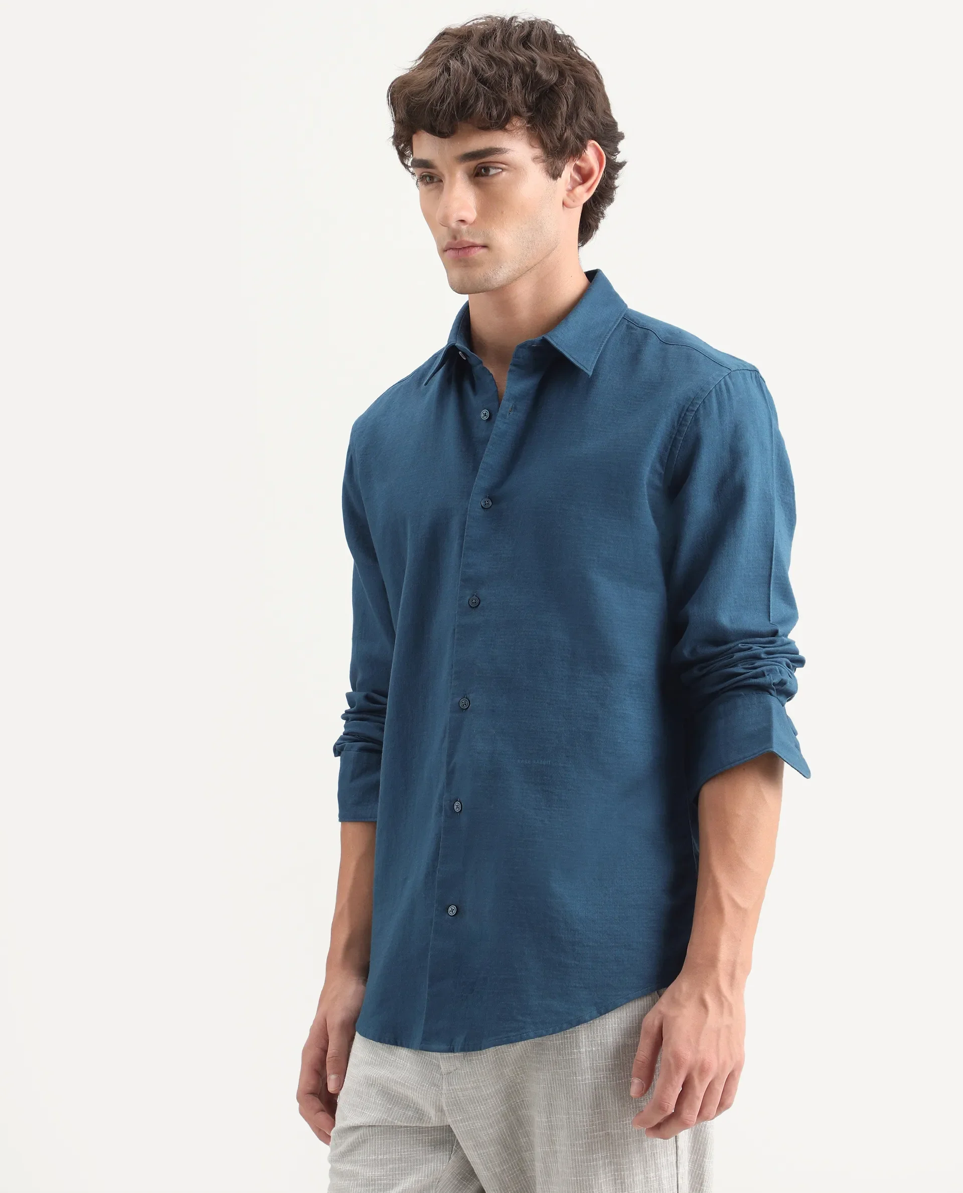 Rare Rabbit Men's Layer-Ls-Aw26 Dark Teal Cotton Spread Collar Regular Plain Shirt - Image 6