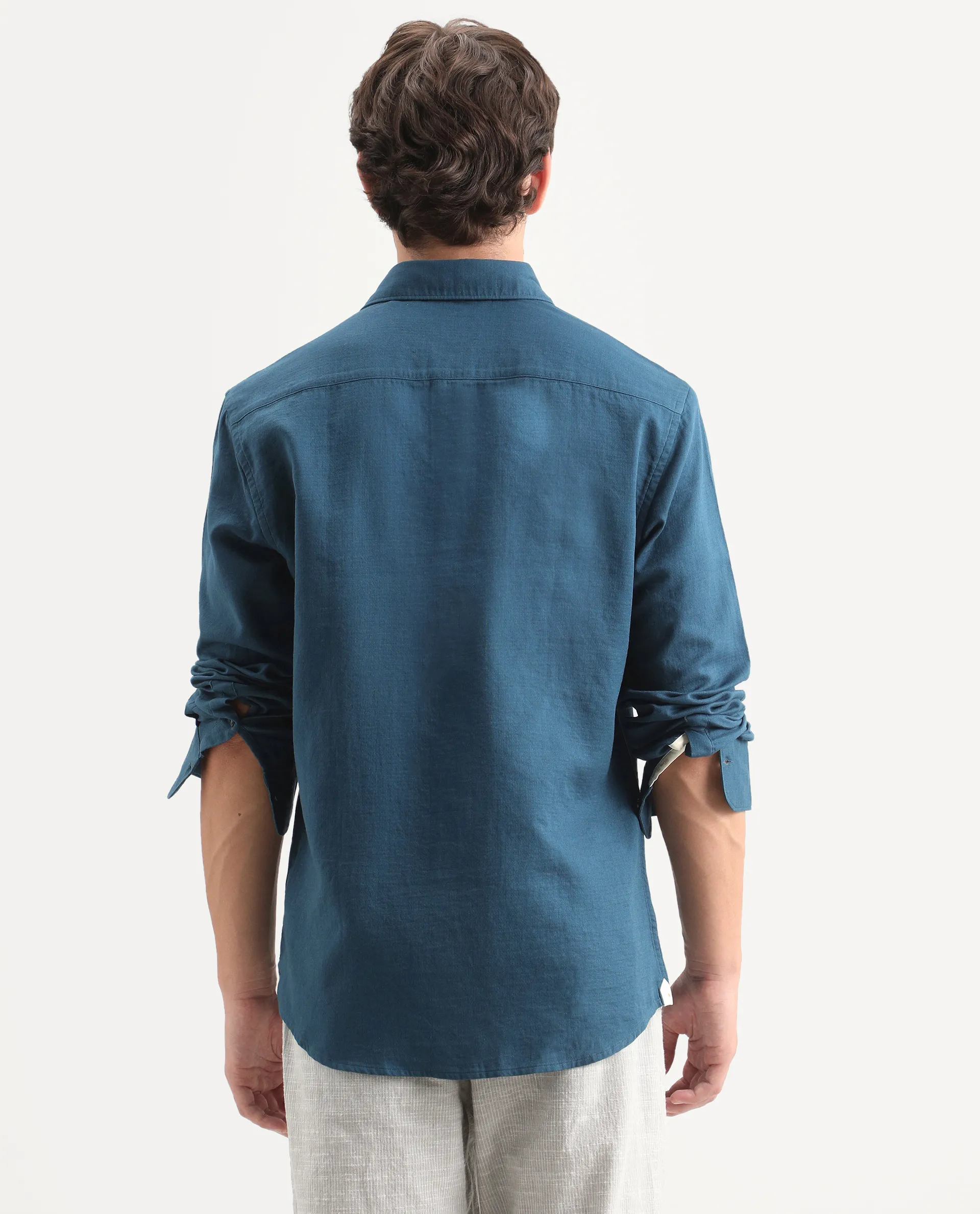 Rare Rabbit Men's Layer-Ls-Aw26 Dark Teal Cotton Spread Collar Regular Plain Shirt - Image 8