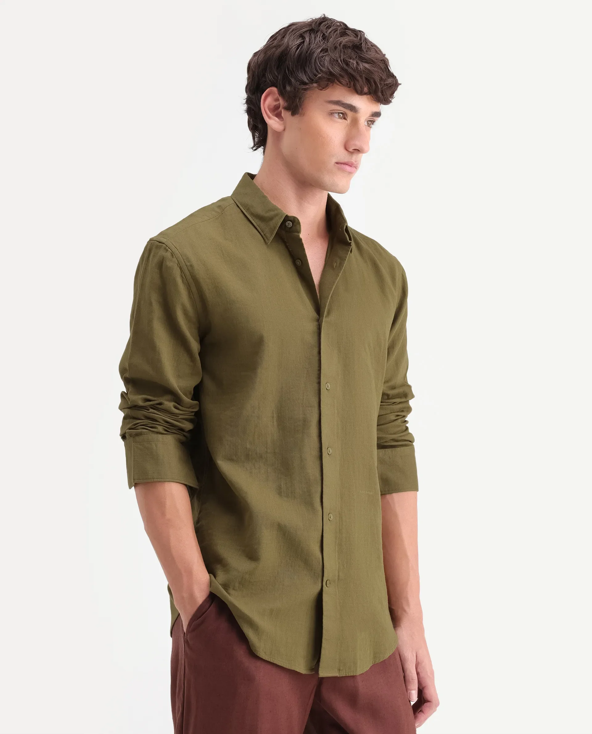 Rare Rabbit Men's Layer-Ls-Aw26 Dusky Green Cotton Spread Collar Regular Plain Shirt - Image 4