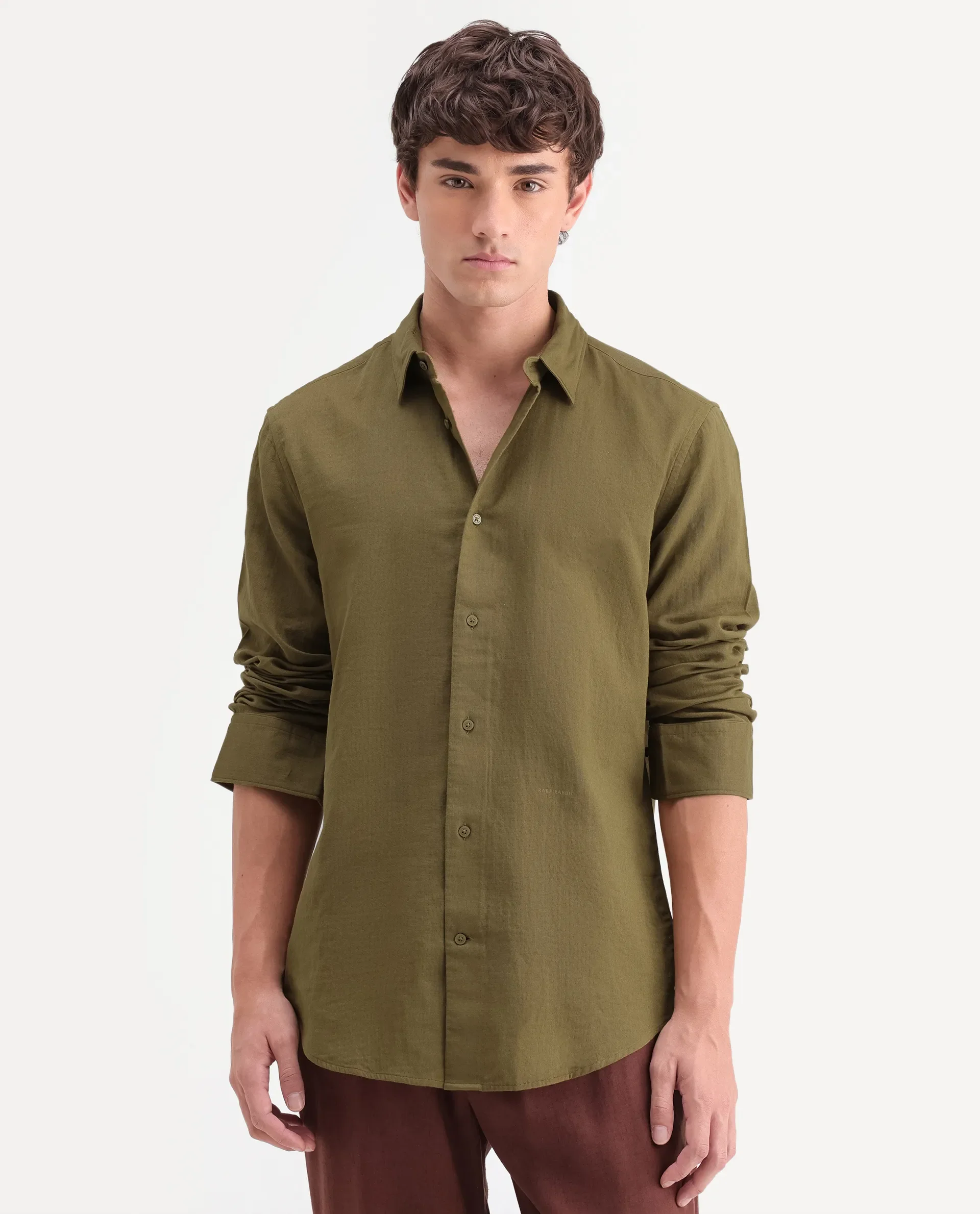 Rare Rabbit Men's Layer-Ls-Aw26 Dusky Green Cotton Spread Collar Regular Plain Shirt - Image 6