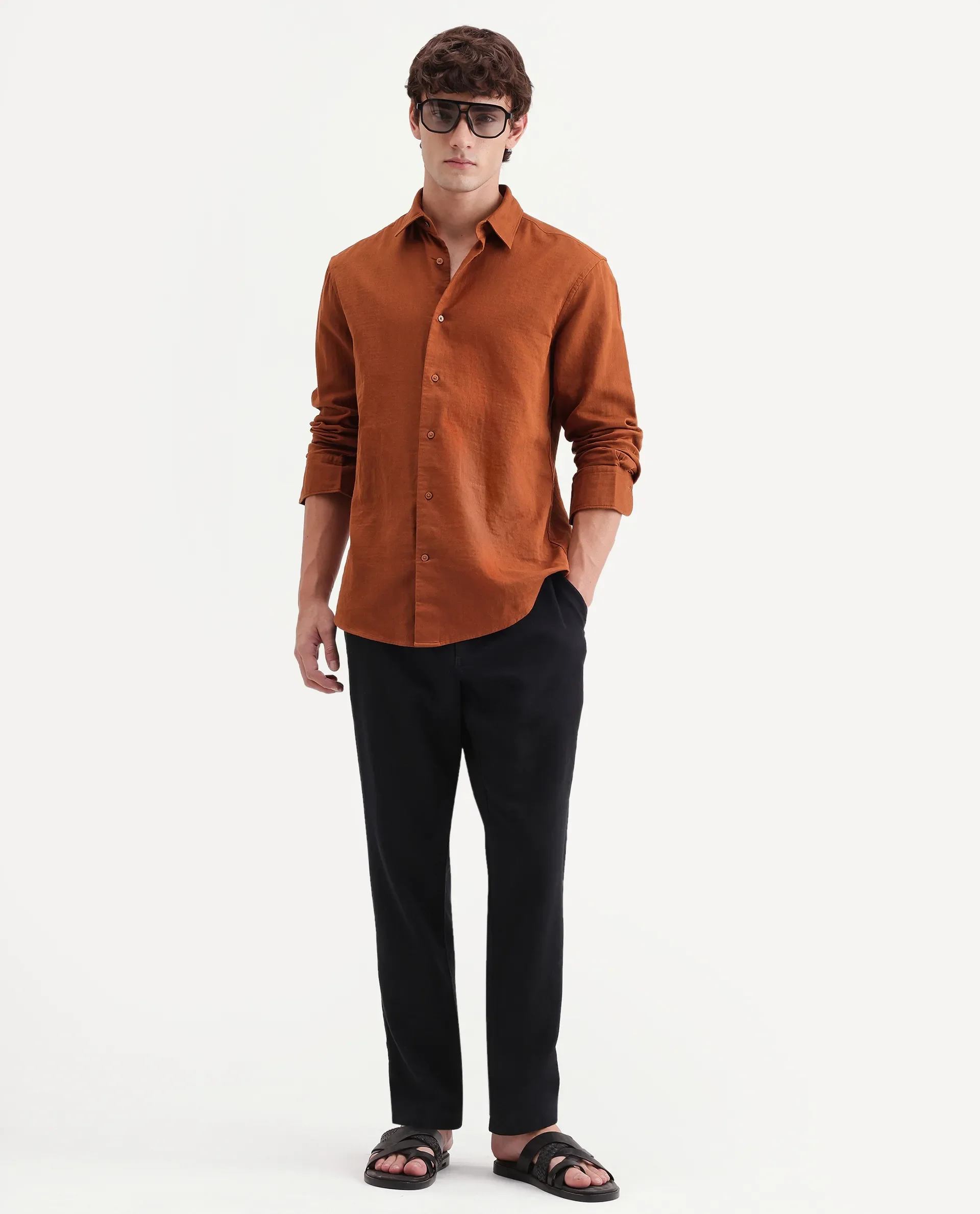 Rare Rabbit Men's Layer-Ls-Aw26 Dusky Rust Cotton Spread Collar Regular Plain Shirt - Image 2