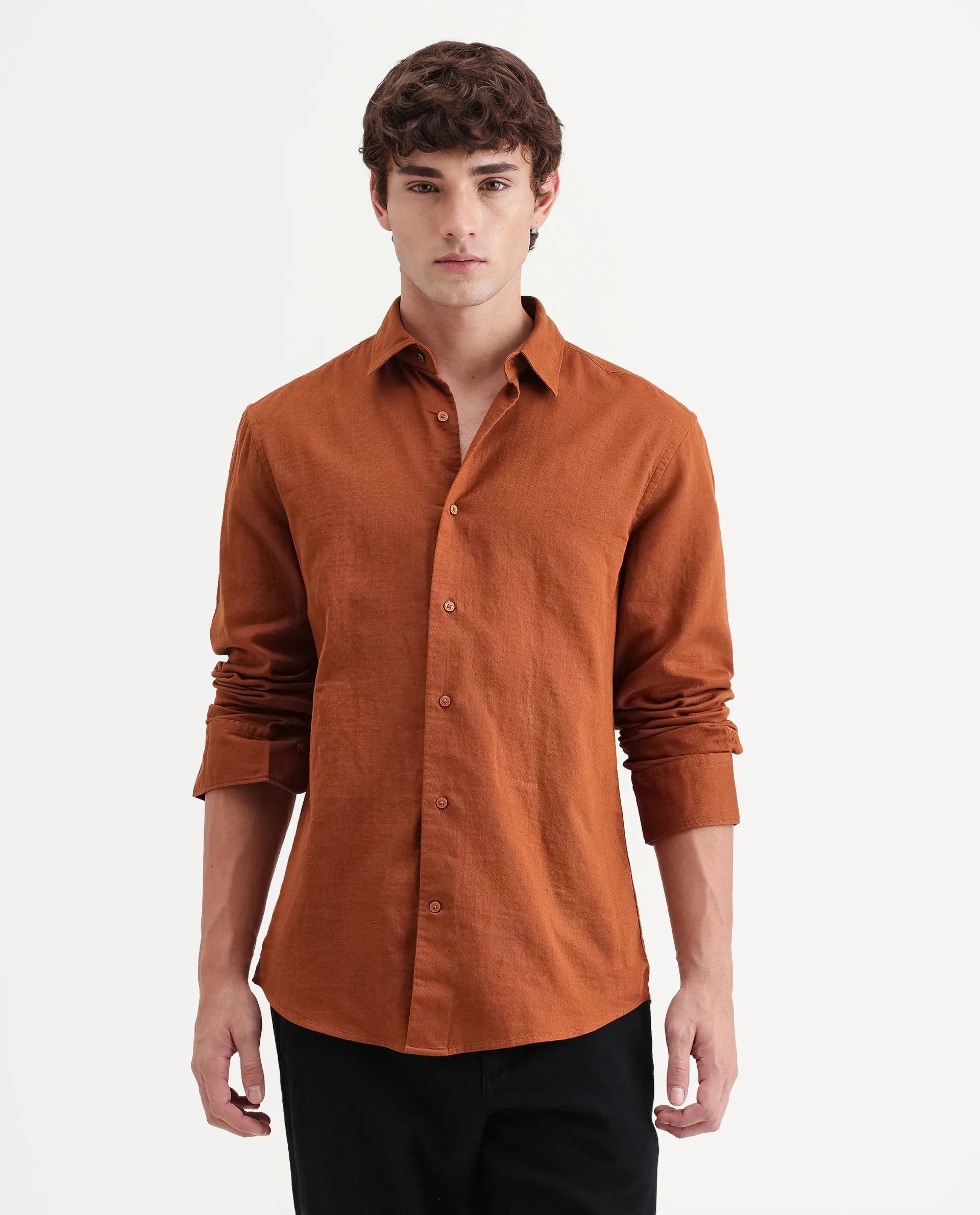 Rare Rabbit Men's Layer-Ls-Aw26 Dusky Rust Cotton Spread Collar Regular Plain Shirt - Image 4