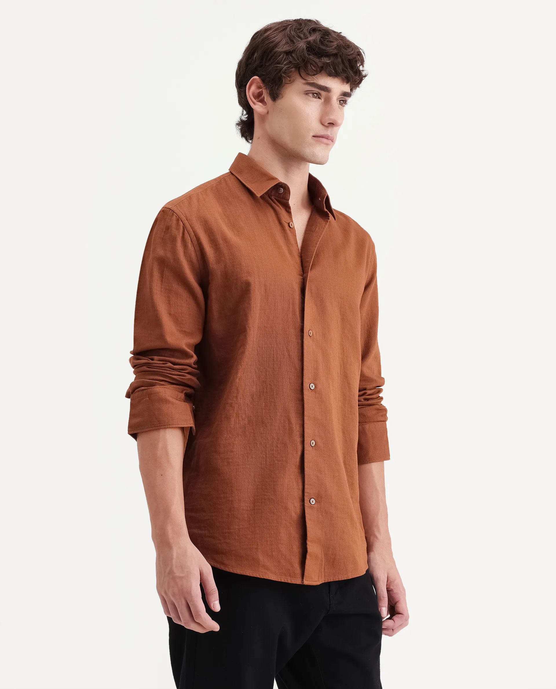 Rare Rabbit Men's Layer-Ls-Aw26 Dusky Rust Cotton Spread Collar Regular Plain Shirt - Image 6
