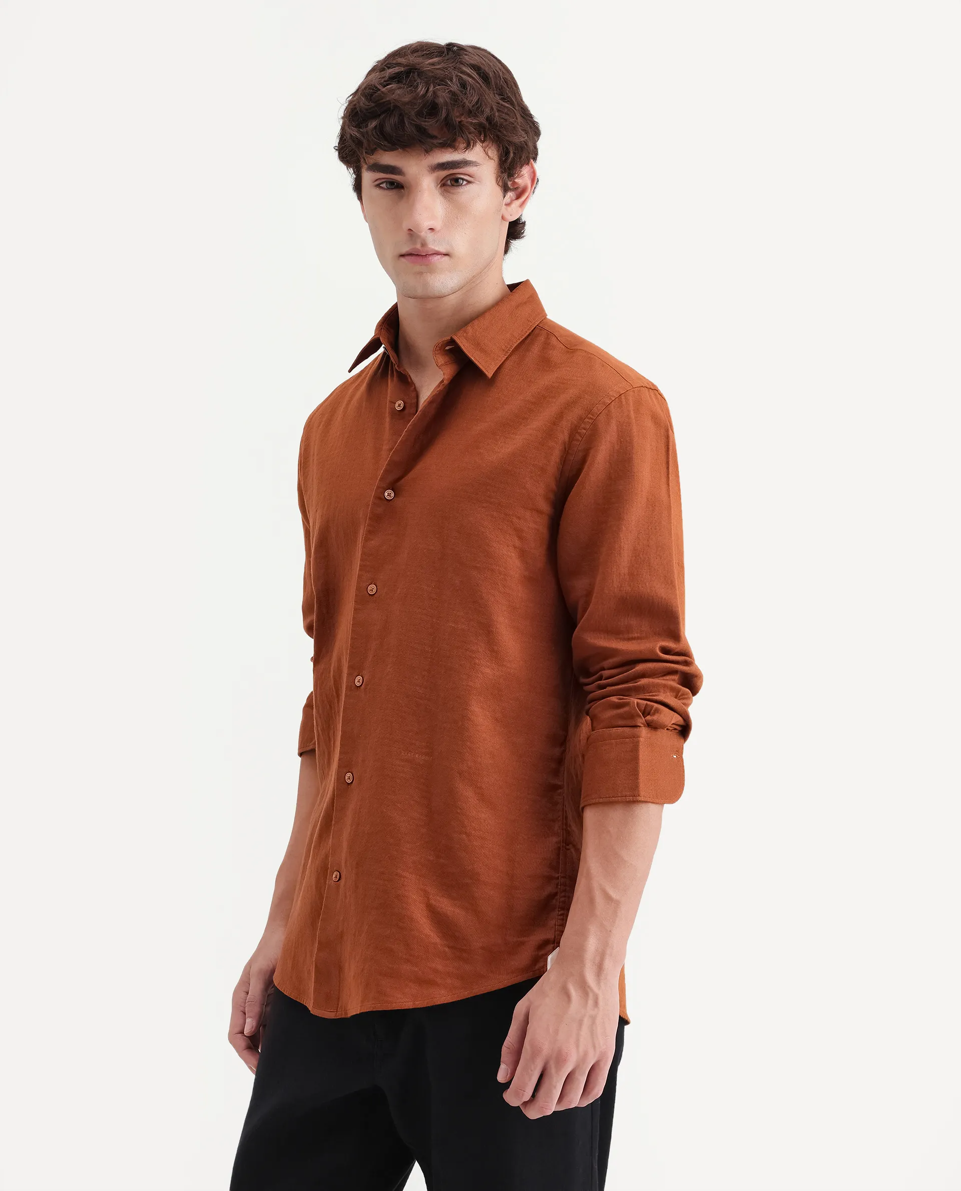 Rare Rabbit Men's Layer-Ls-Aw26 Dusky Rust Cotton Spread Collar Regular Plain Shirt - Image 7