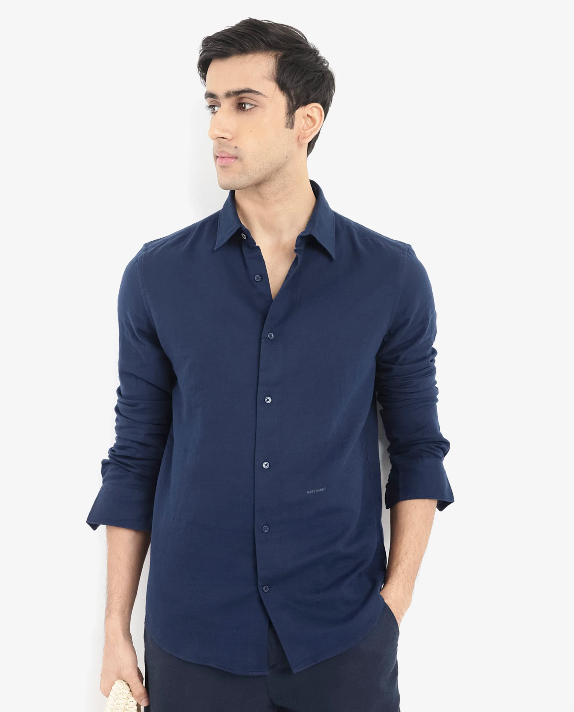 Rare Rabbit Men's Layerr-2 Navy Cotton Plain Regular Fit Full Sleeve Collared Shirt