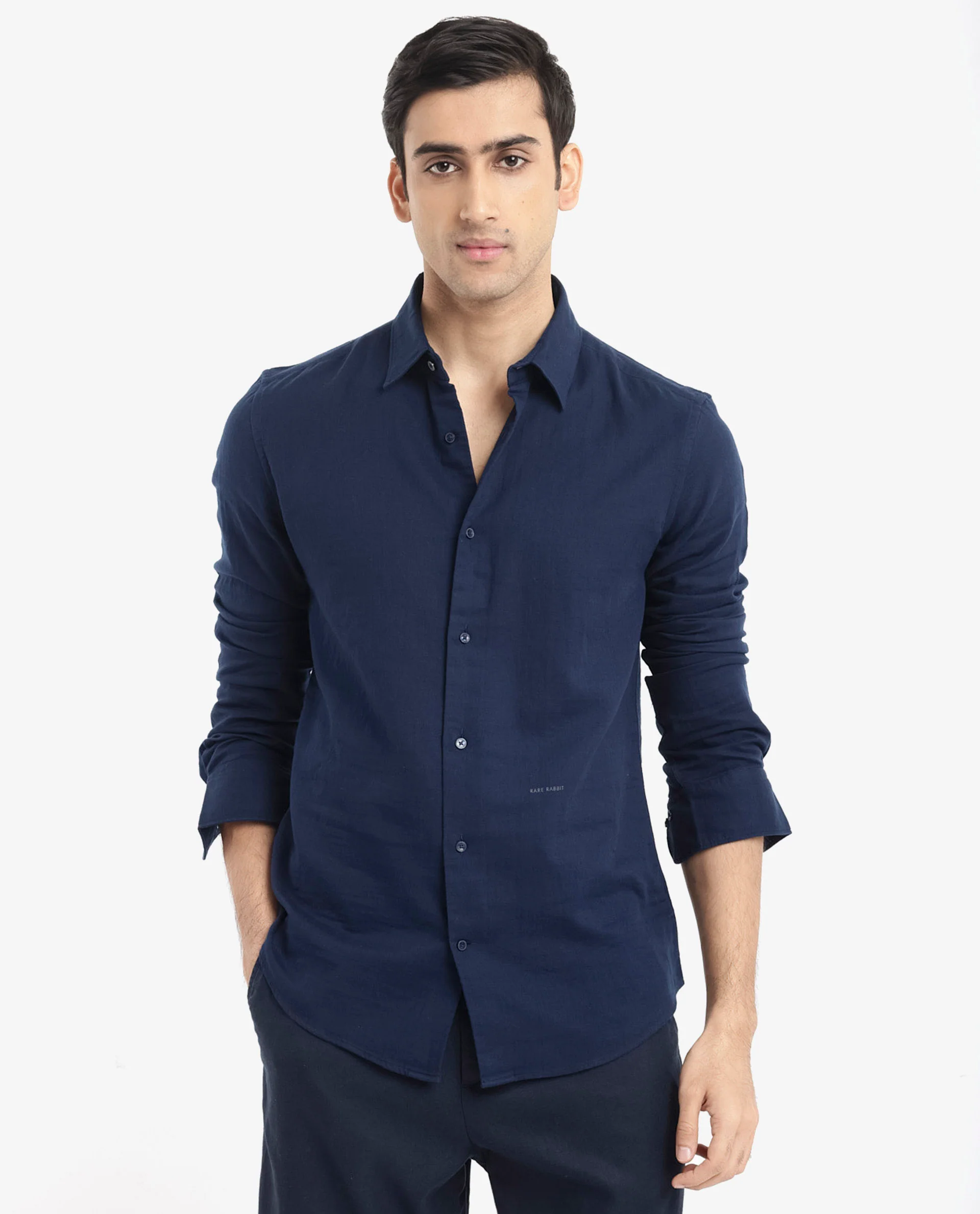 Rare Rabbit Men's Layerr-2 Navy Cotton Plain Regular Fit Full Sleeve Collared Shirt - Image 10