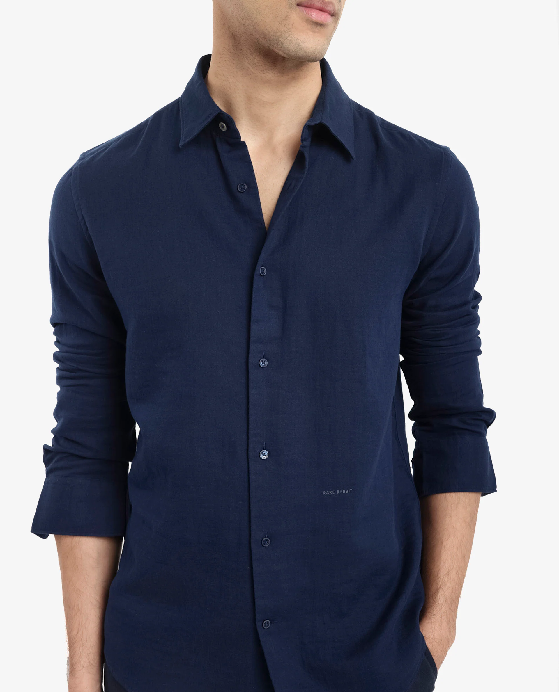 Rare Rabbit Men's Layerr-2 Navy Cotton Plain Regular Fit Full Sleeve Collared Shirt - Image 3