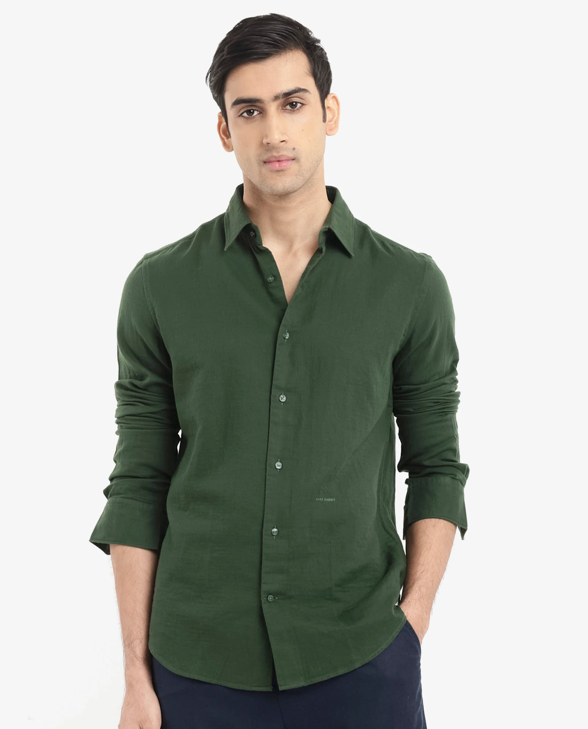 Rare Rabbit Men's Layerr-2 Olive Cotton Plain Regular Fit Full Sleeve Collared Shirt - Image 3
