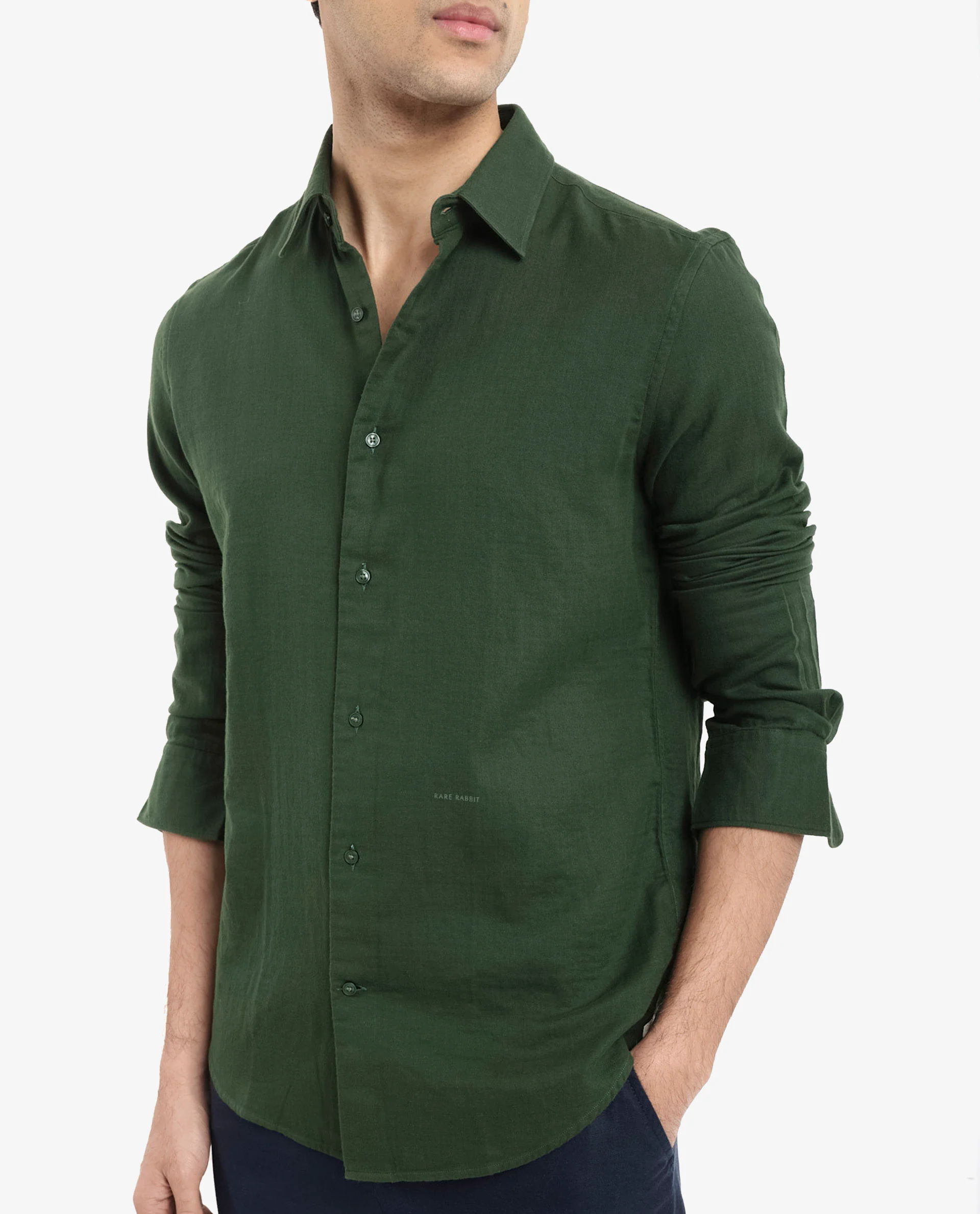 Rare Rabbit Men's Layerr-2 Olive Cotton Plain Regular Fit Full Sleeve Collared Shirt - Image 4