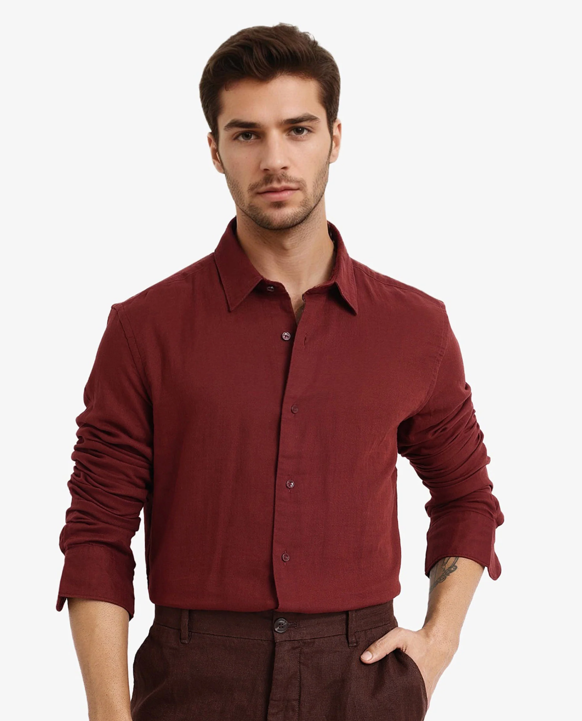Rare Rabbit Men's Layerr-2 Rust Cotton Plain Regular Fit Full Sleeve Collared Shirt - Image 2