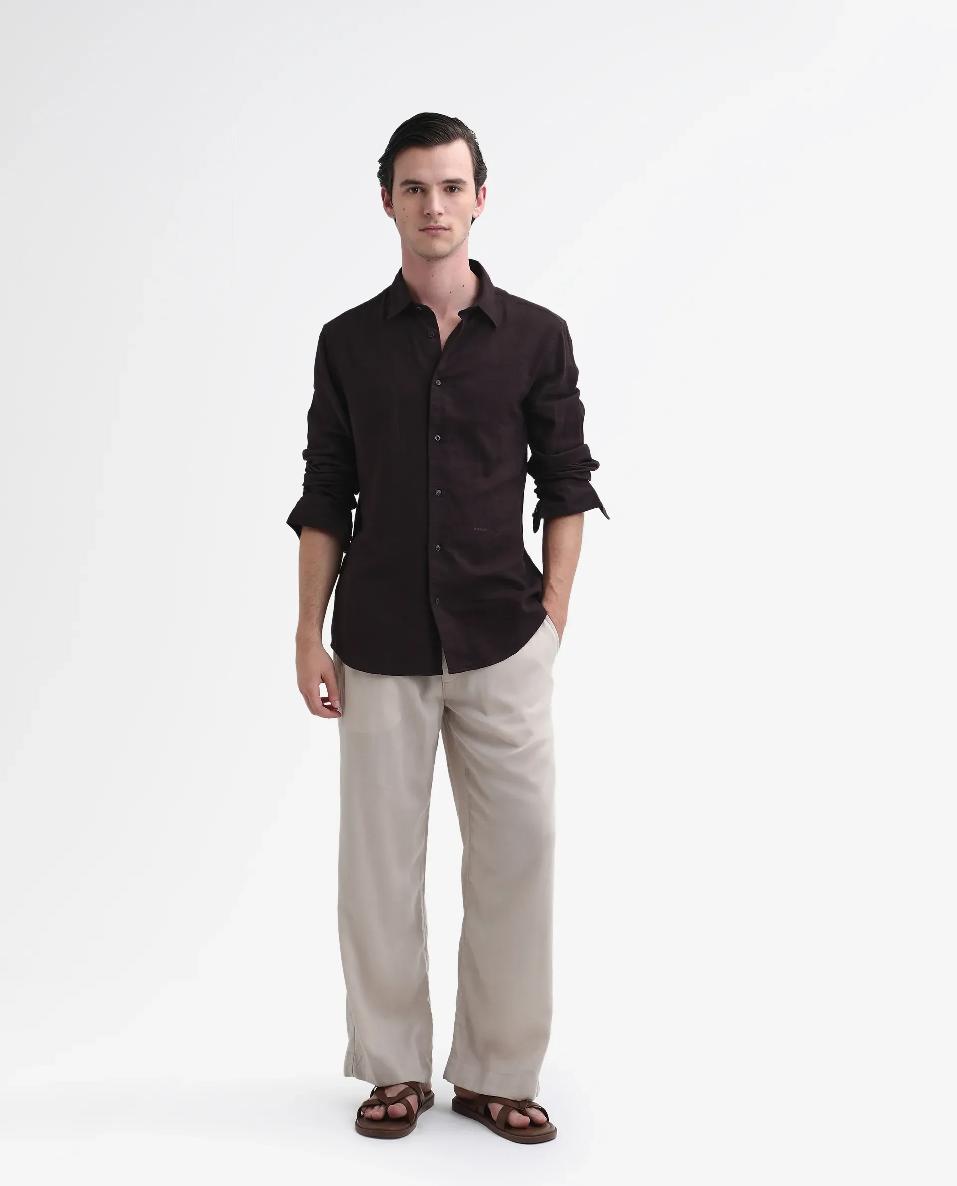 Rare Rabbit Men's Layerr-26 Dark Brown Cotton Plain Regular Fit Full Sleeve Collared Shirt - Image 2