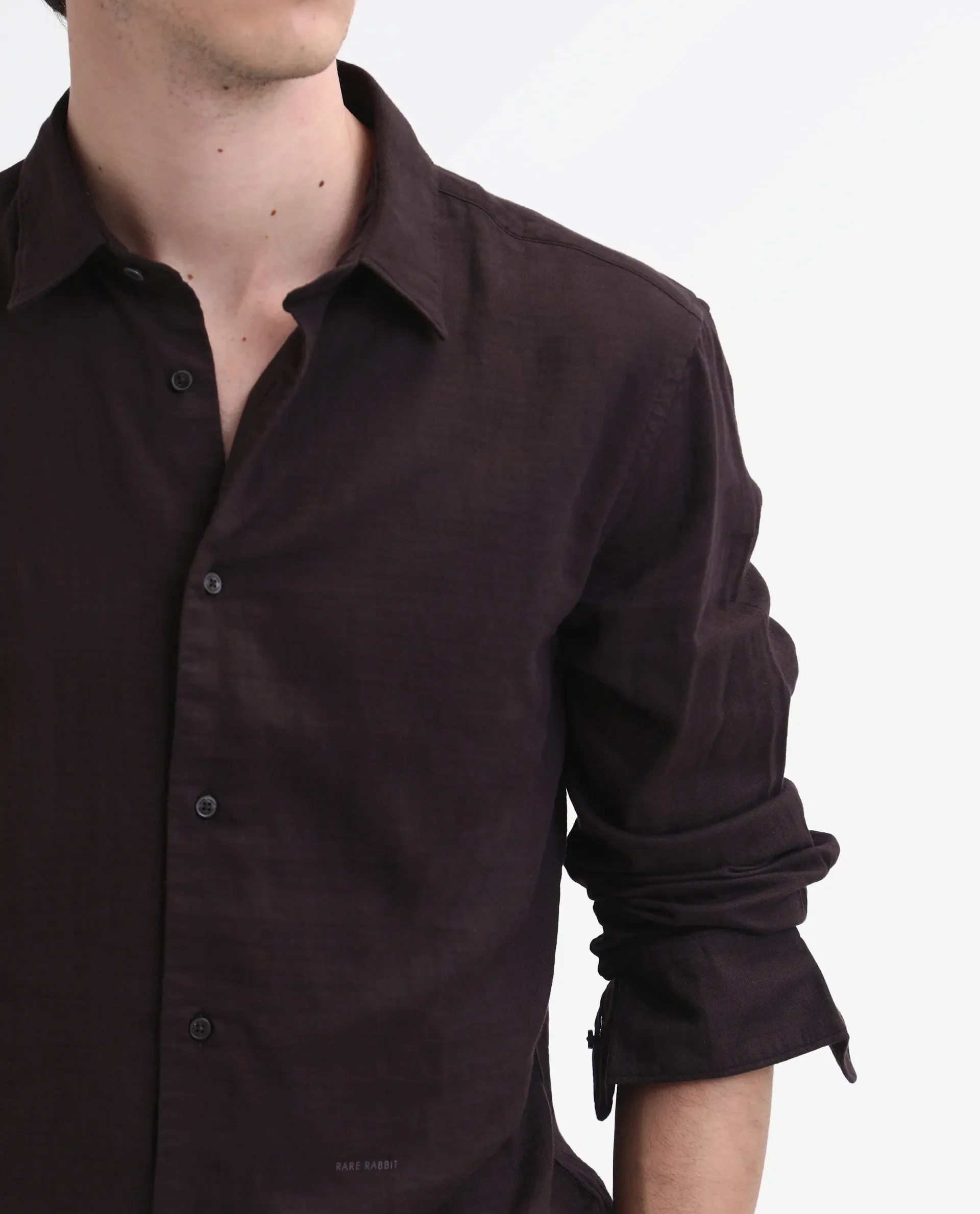 Rare Rabbit Men's Layerr-26 Dark Brown Cotton Plain Regular Fit Full Sleeve Collared Shirt - Image 3