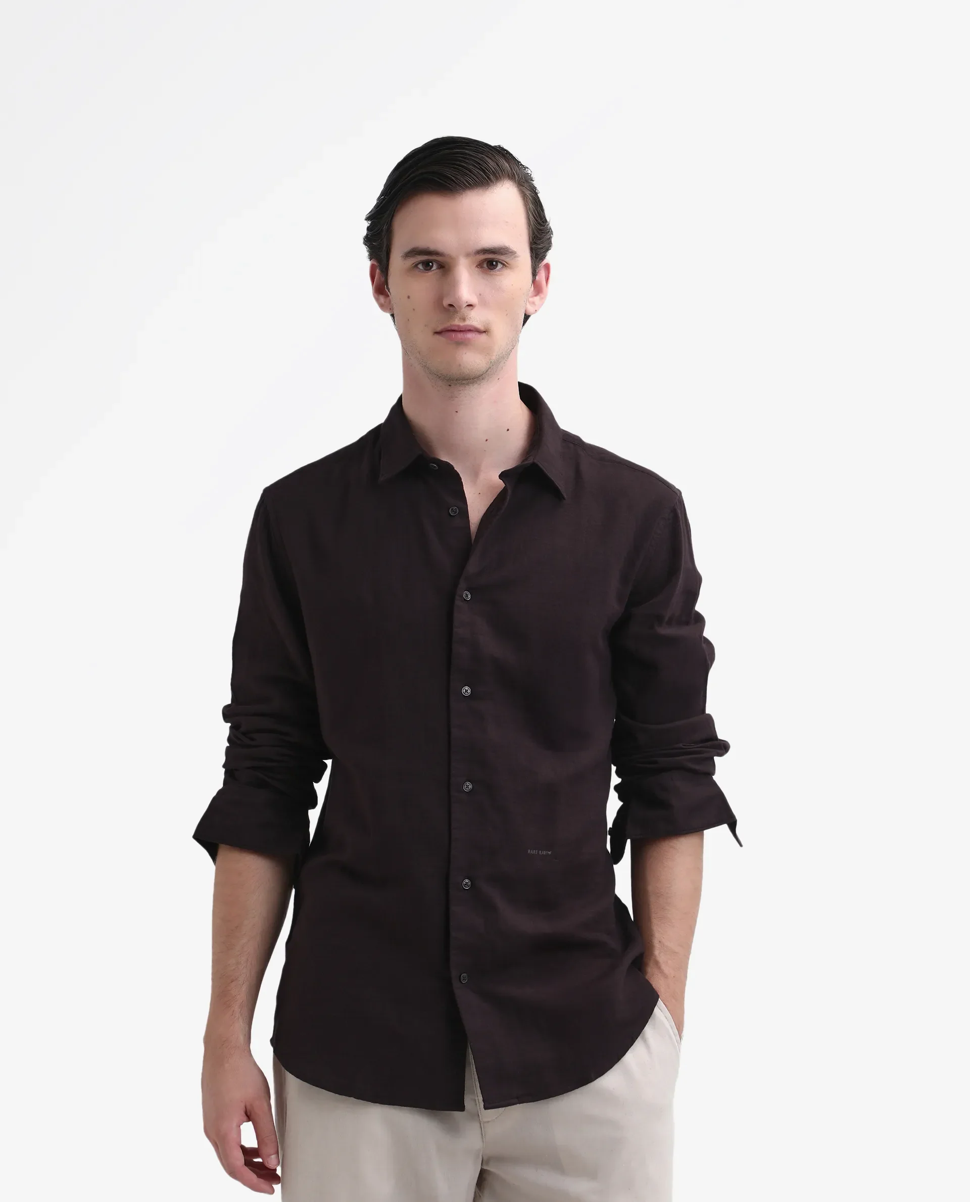 Rare Rabbit Men's Layerr-26 Dark Brown Cotton Plain Regular Fit Full Sleeve Collared Shirt - Image 4