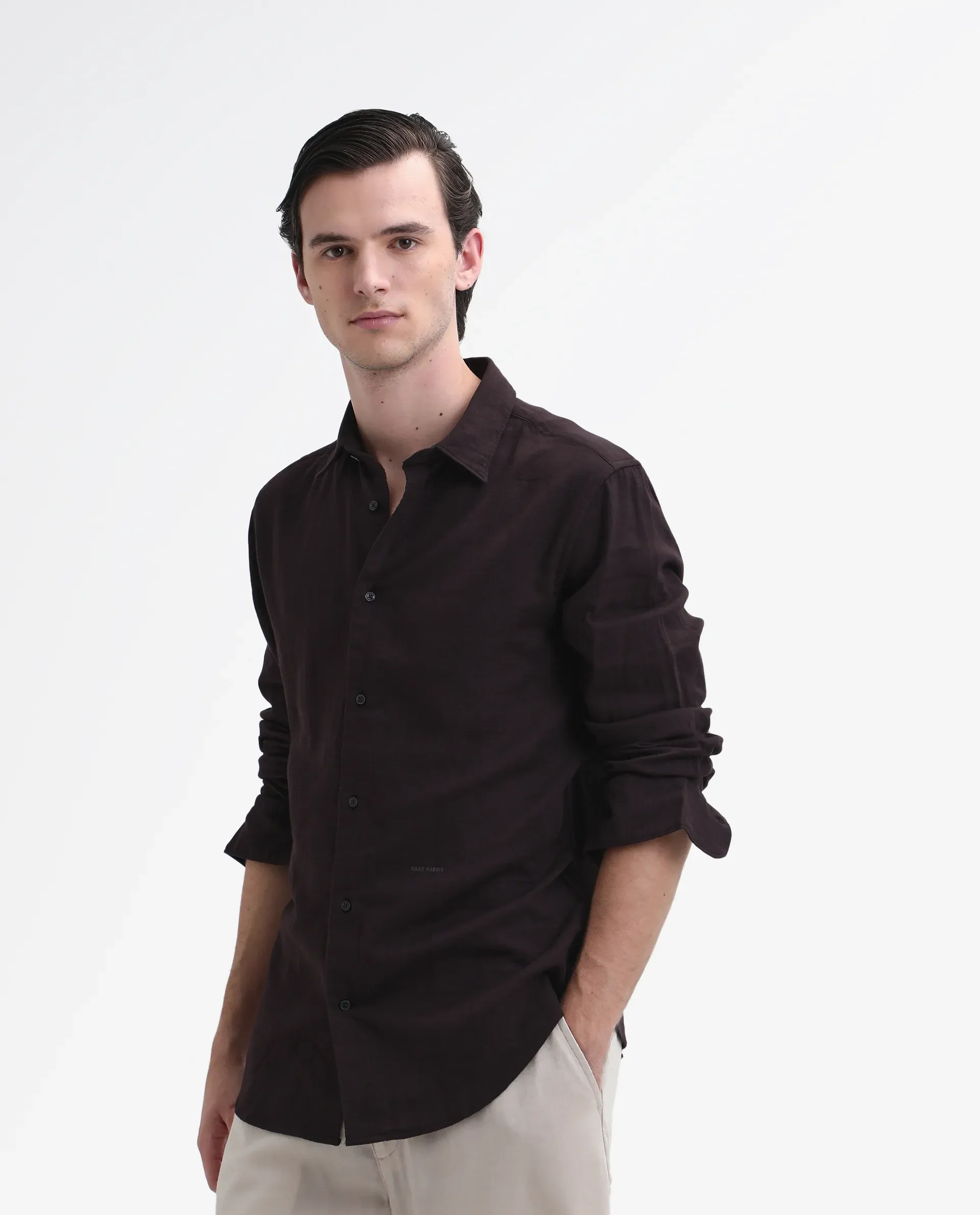 Rare Rabbit Men's Layerr-26 Dark Brown Cotton Plain Regular Fit Full Sleeve Collared Shirt - Image 5