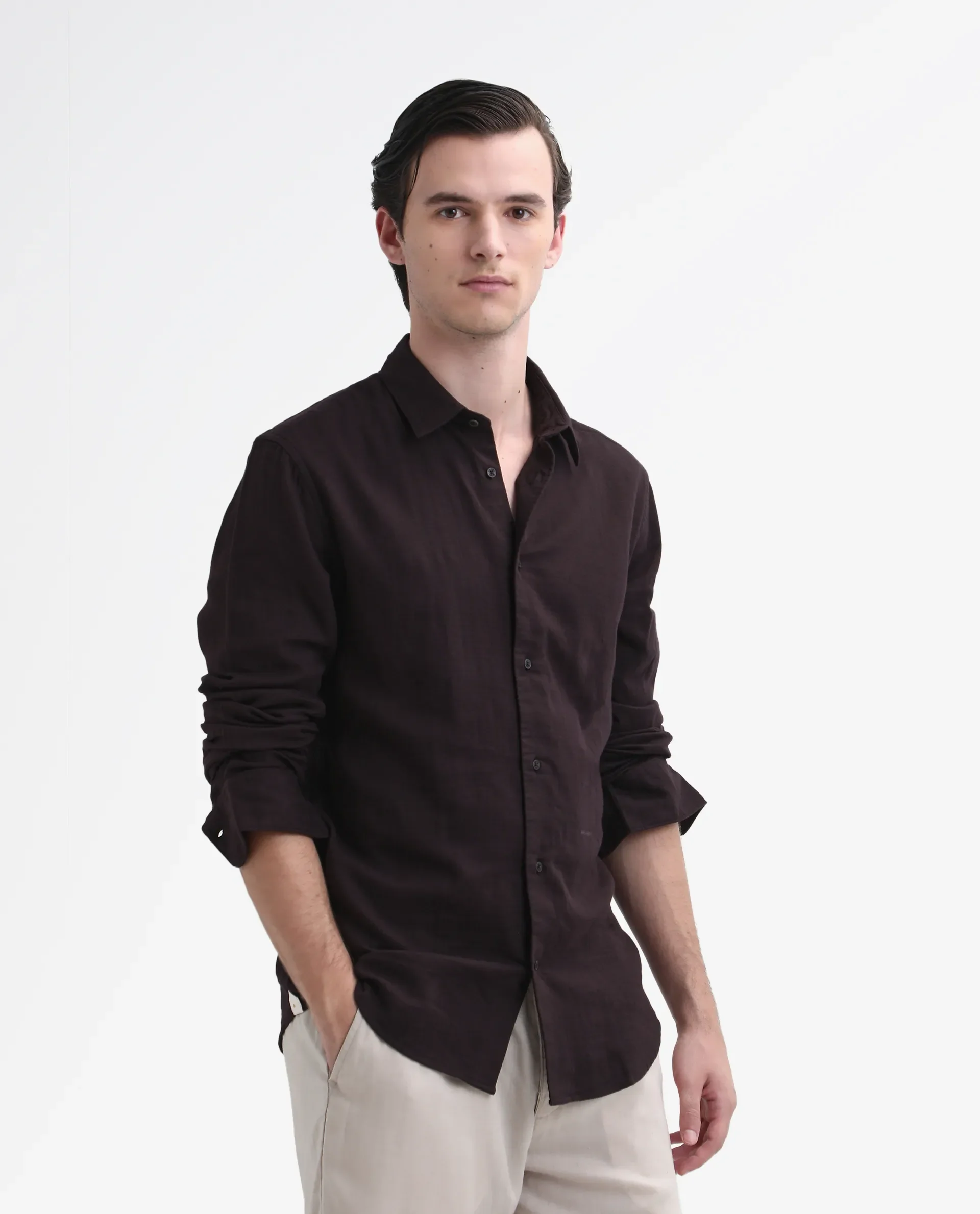 Rare Rabbit Men's Layerr-26 Dark Brown Cotton Plain Regular Fit Full Sleeve Collared Shirt - Image 6