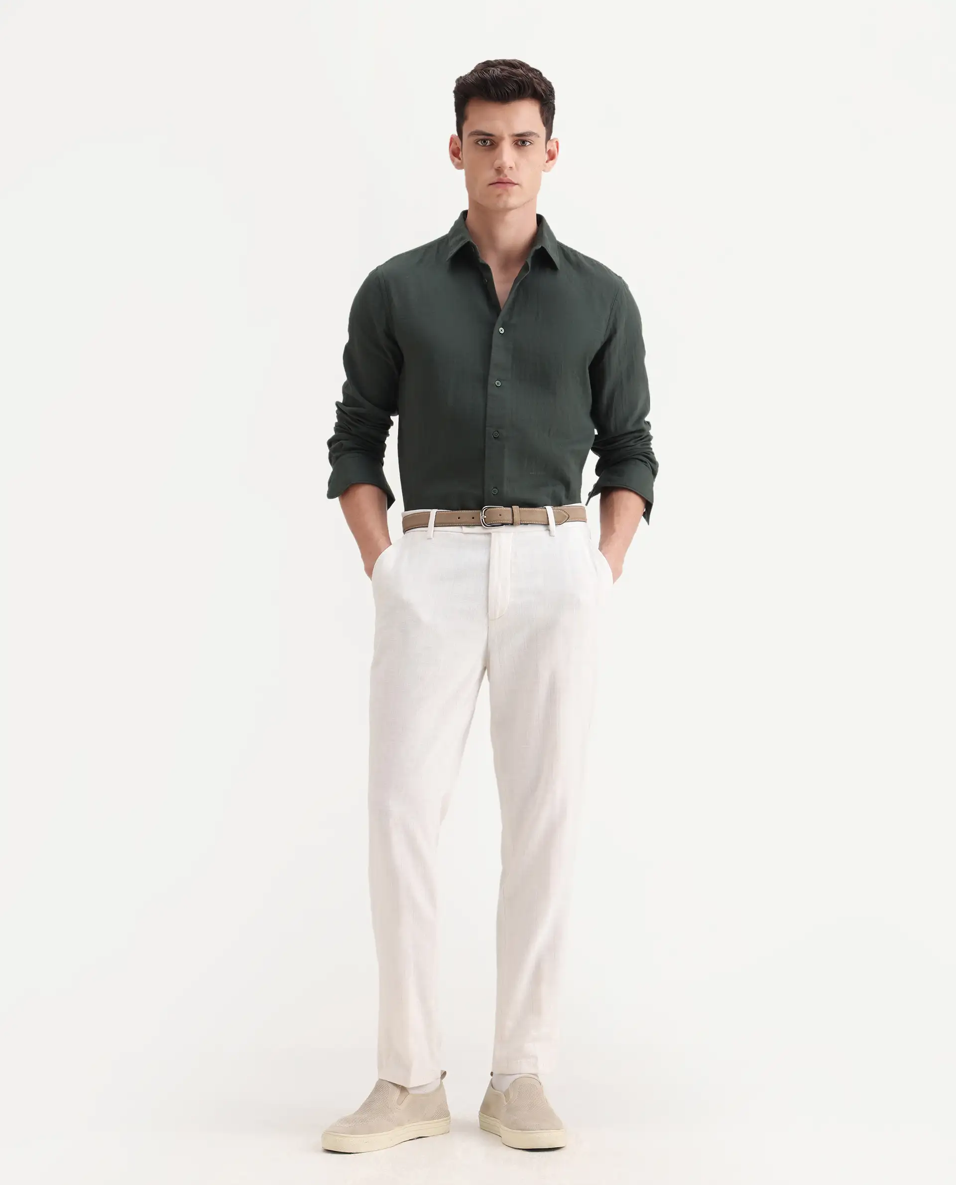 Rare Rabbit Men's Layerr-26 Green Cotton Plain Regular Fit Full Sleeve Spread Collar Shirt - Image 2
