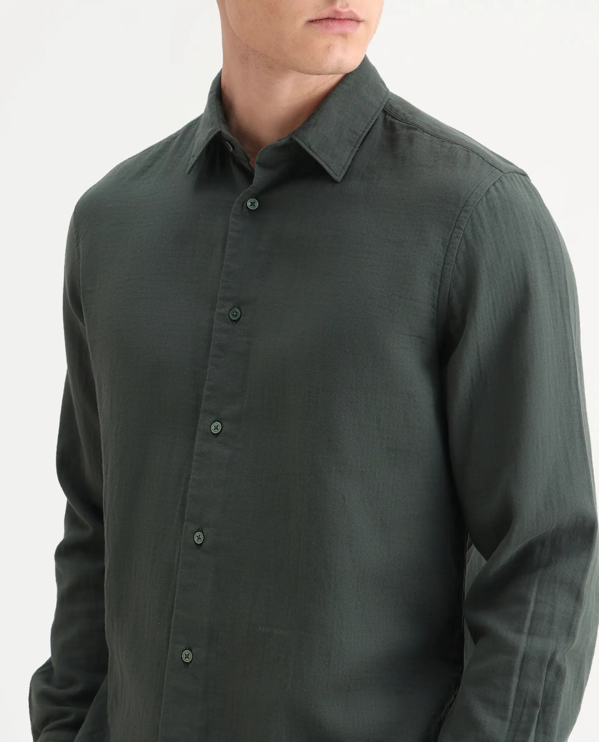 Rare Rabbit Men's Layerr-26 Green Cotton Plain Regular Fit Full Sleeve Spread Collar Shirt - Image 3