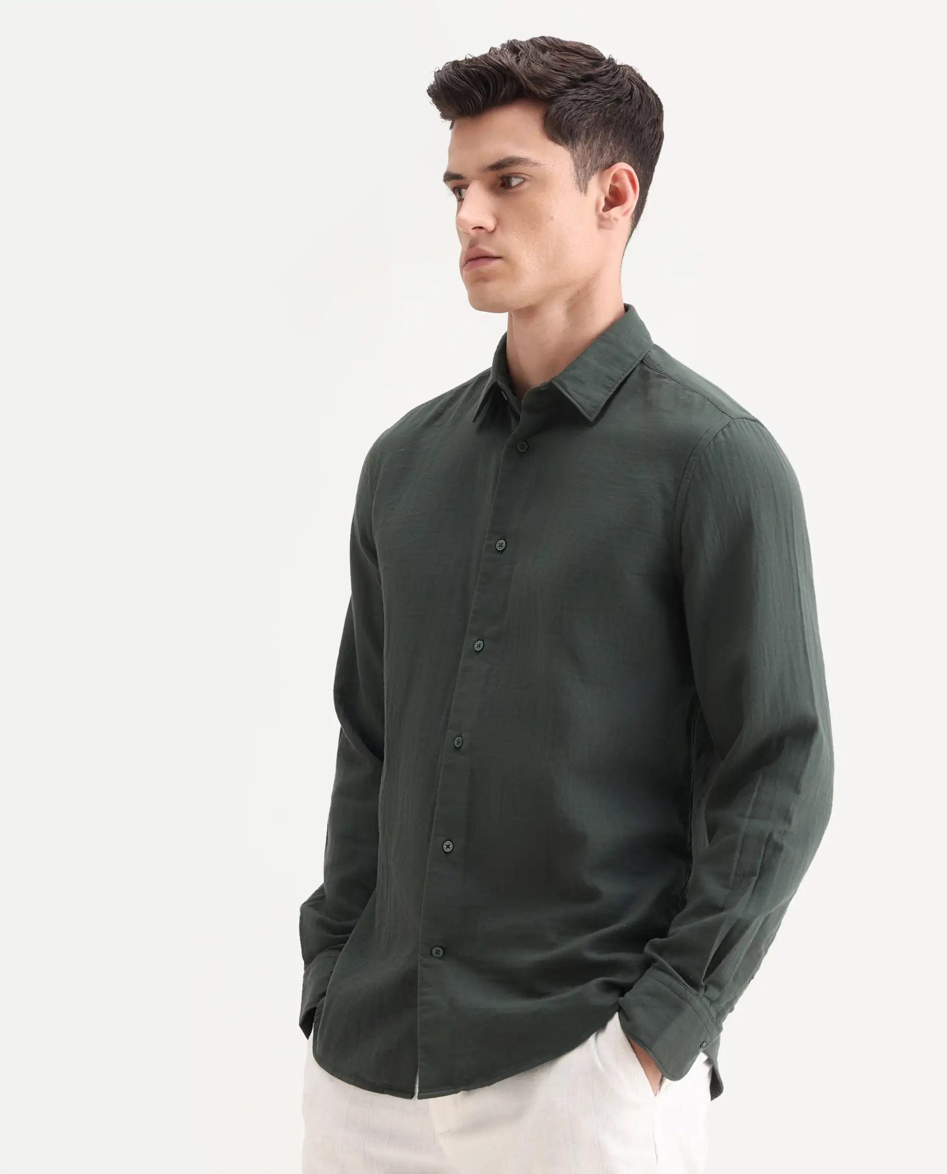 Rare Rabbit Men's Layerr-26 Green Cotton Plain Regular Fit Full Sleeve Spread Collar Shirt - Image 4