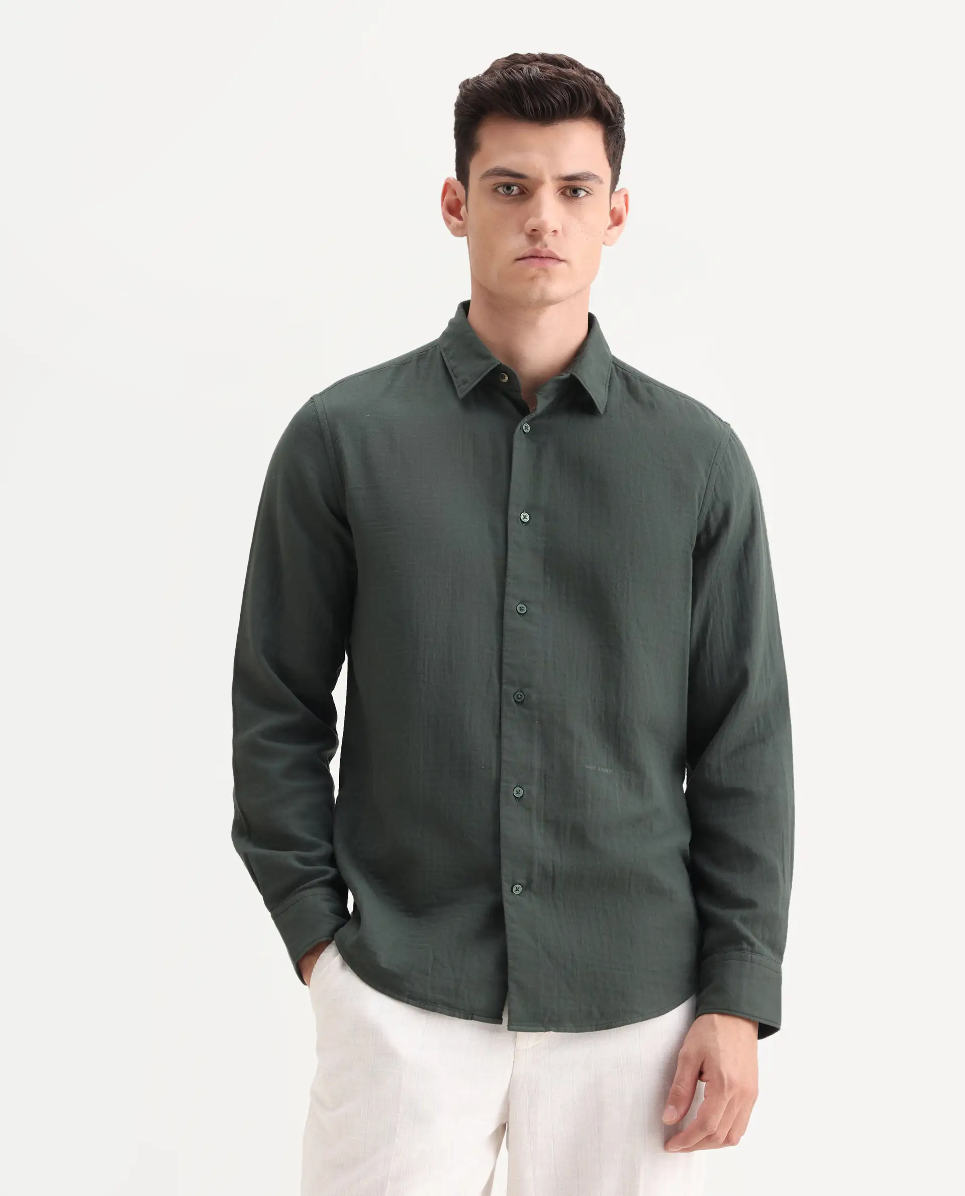Rare Rabbit Men's Layerr-26 Green Cotton Plain Regular Fit Full Sleeve Spread Collar Shirt - Image 5