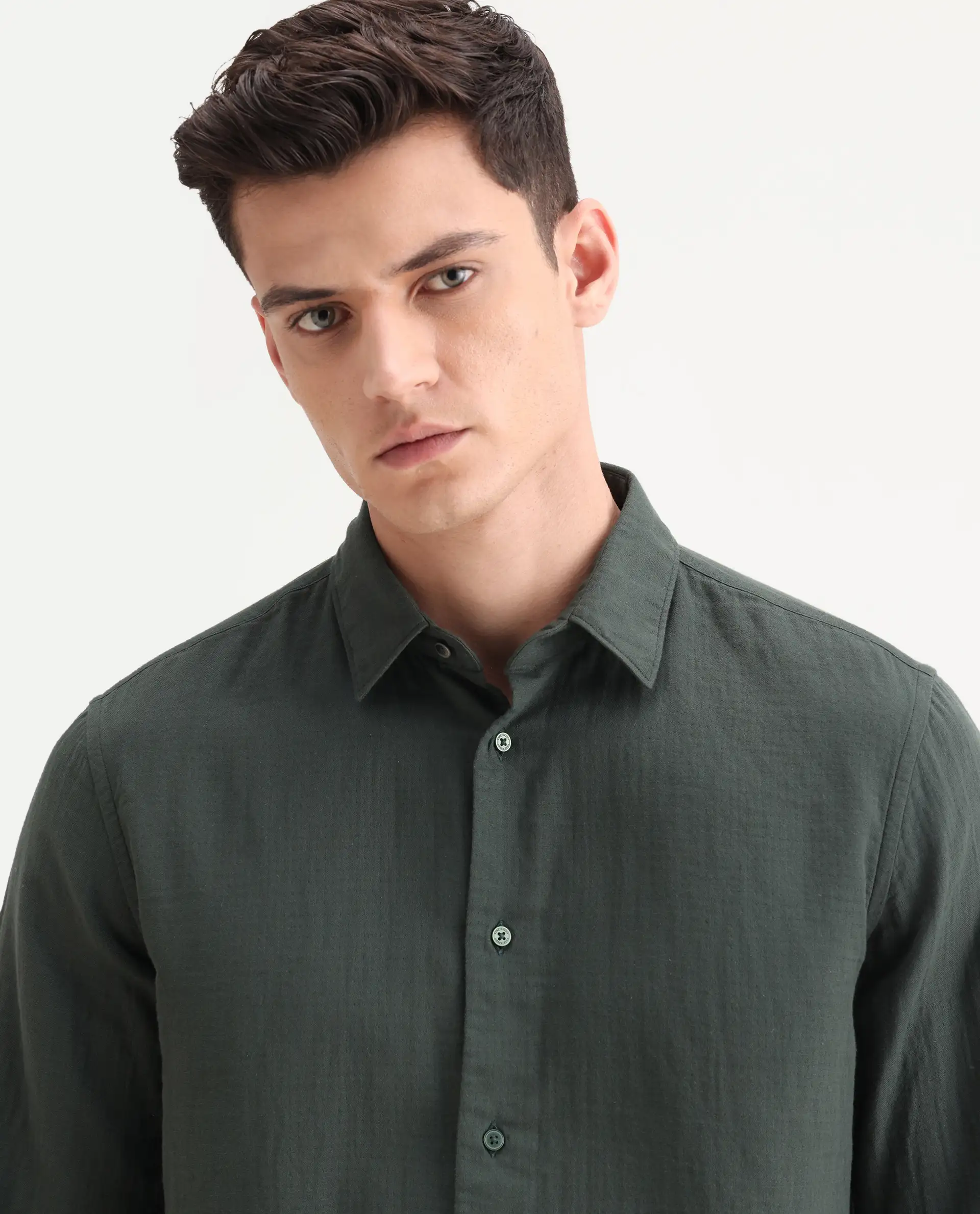 Rare Rabbit Men's Layerr-26 Green Cotton Plain Regular Fit Full Sleeve Spread Collar Shirt - Image 6