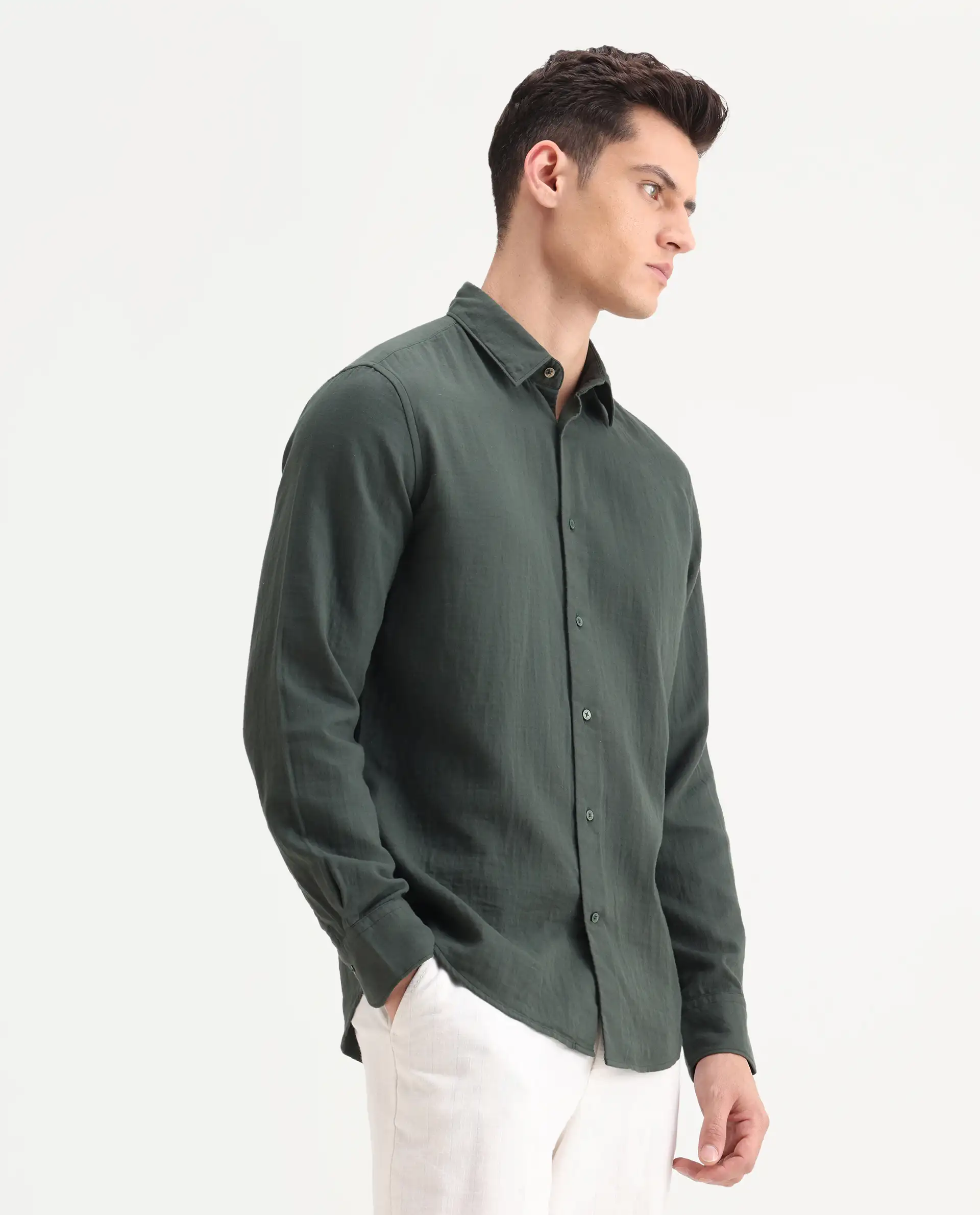 Rare Rabbit Men's Layerr-26 Green Cotton Plain Regular Fit Full Sleeve Spread Collar Shirt - Image 7