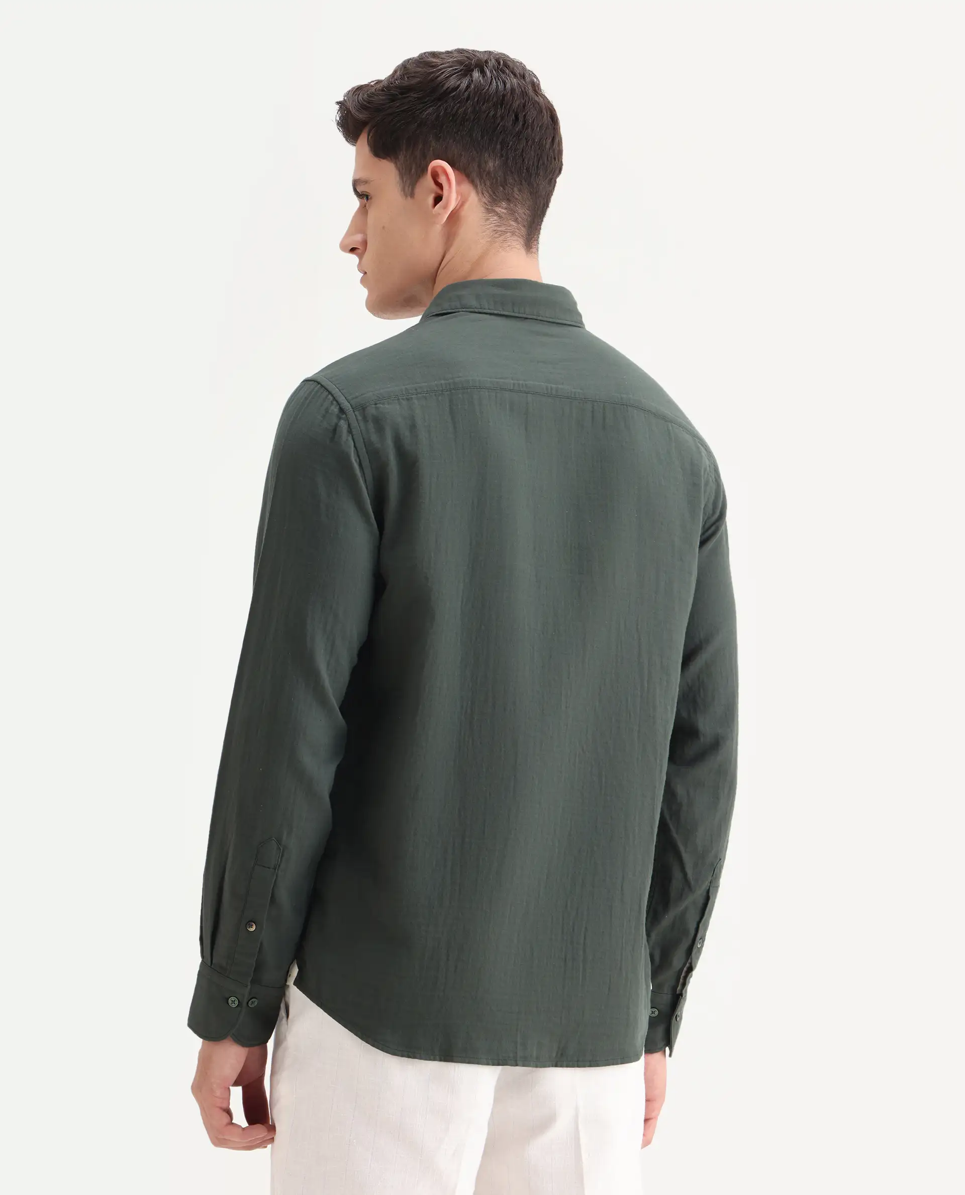 Rare Rabbit Men's Layerr-26 Green Cotton Plain Regular Fit Full Sleeve Spread Collar Shirt - Image 8