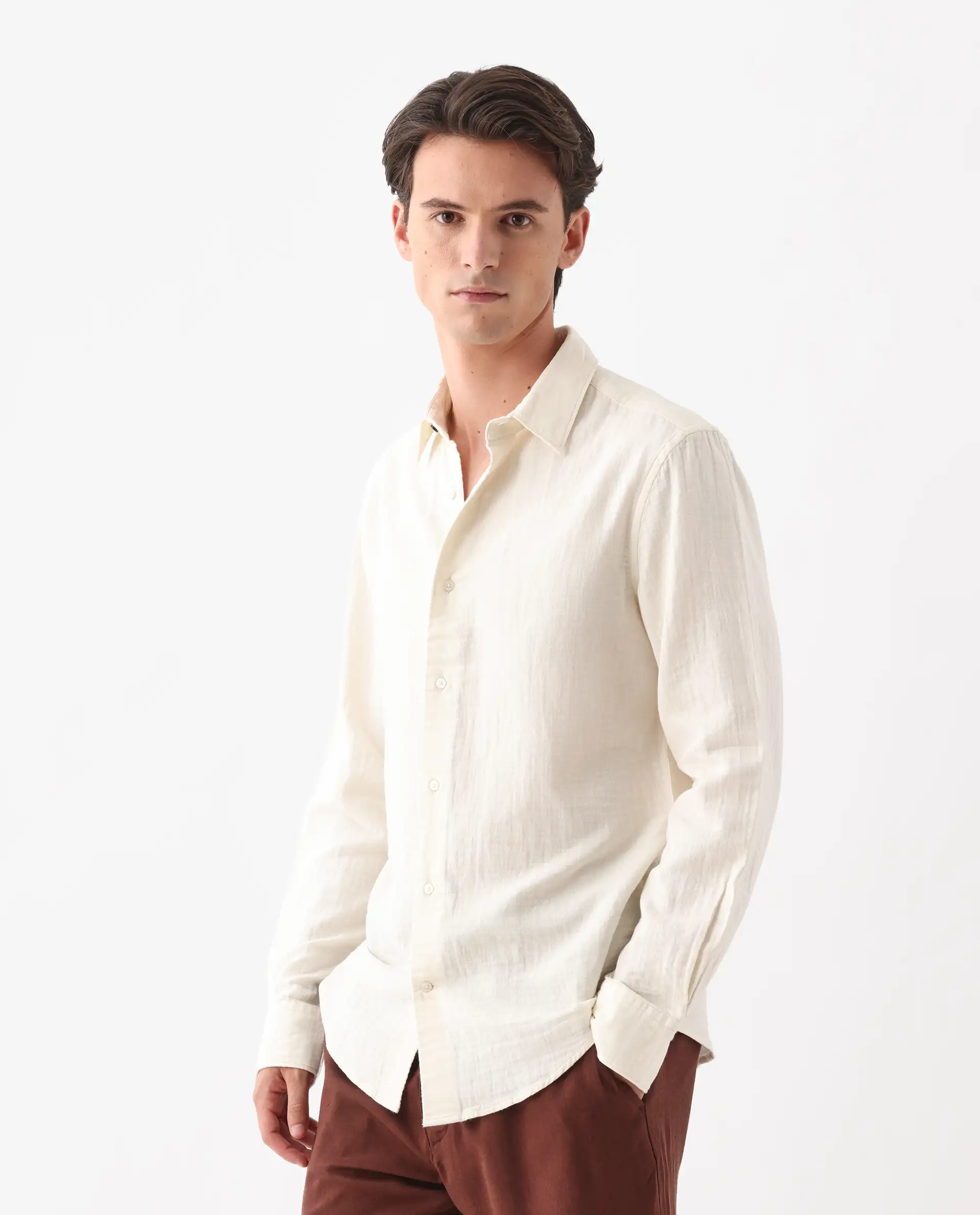 Rare Rabbit Men's Layerr-26 Off White Cotton Plain Regular Fit Full Sleeve Collared Shirt - Image 4