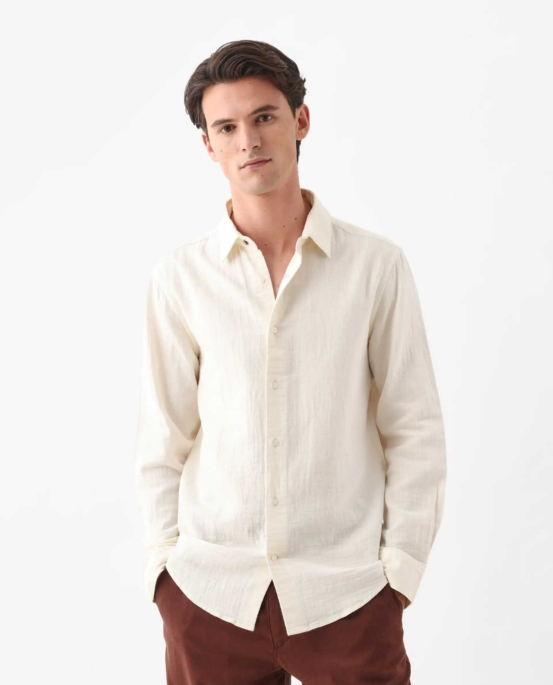 Rare Rabbit Men's Layerr-26 Off White Cotton Plain Regular Fit Full Sleeve Collared Shirt - Image 8