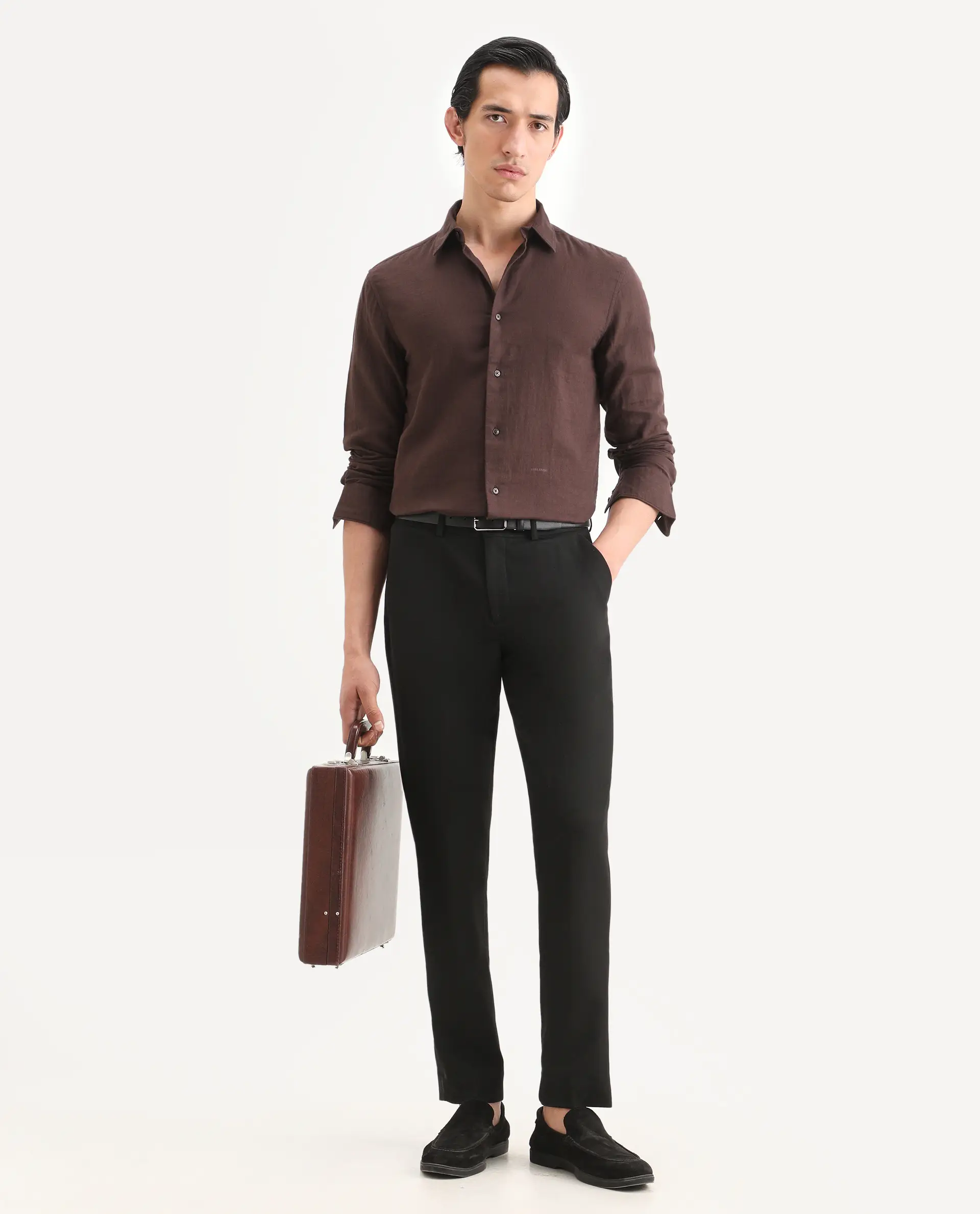 Rare Rabbit Men's Layerr-Ls Brown Cotton Fabric Full Sleeve Spread Collar Regular Fit Plain Shirt - Image 2