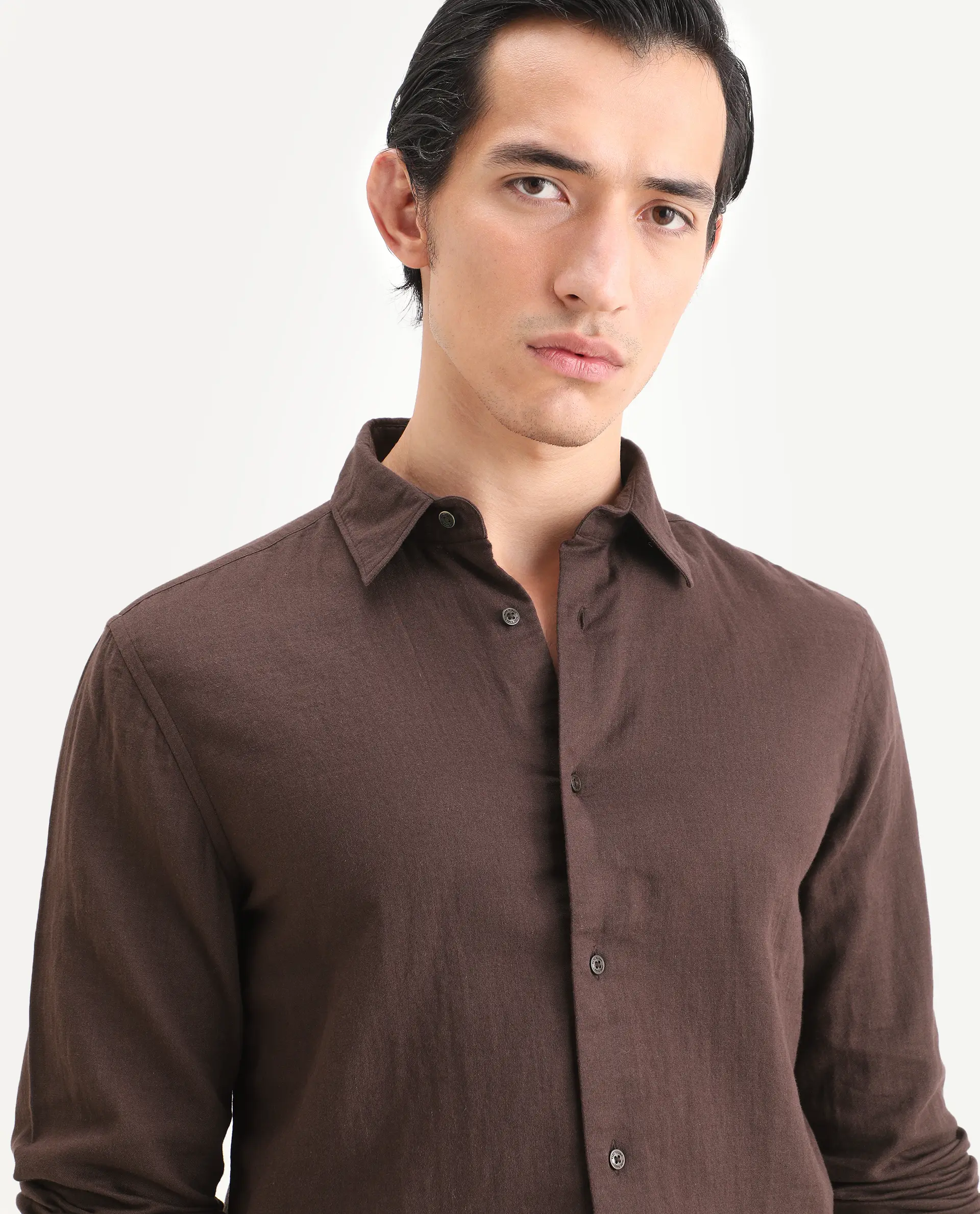 Rare Rabbit Men's Layerr-Ls Brown Cotton Fabric Full Sleeve Spread Collar Regular Fit Plain Shirt - Image 3