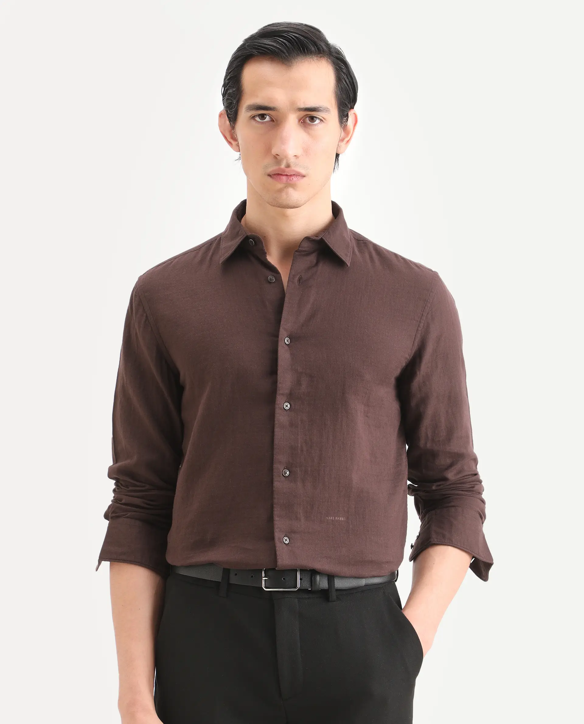 Rare Rabbit Men's Layerr-Ls Brown Cotton Fabric Full Sleeve Spread Collar Regular Fit Plain Shirt - Image 4
