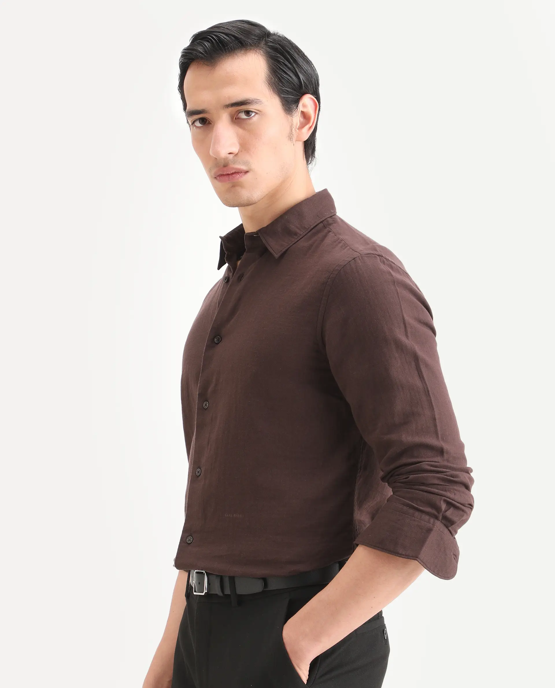 Rare Rabbit Men's Layerr-Ls Brown Cotton Fabric Full Sleeve Spread Collar Regular Fit Plain Shirt - Image 5