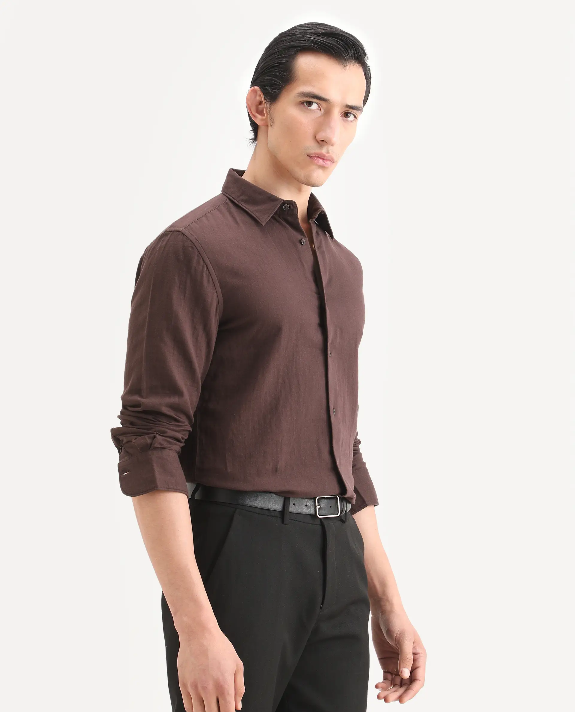 Rare Rabbit Men's Layerr-Ls Brown Cotton Fabric Full Sleeve Spread Collar Regular Fit Plain Shirt - Image 6
