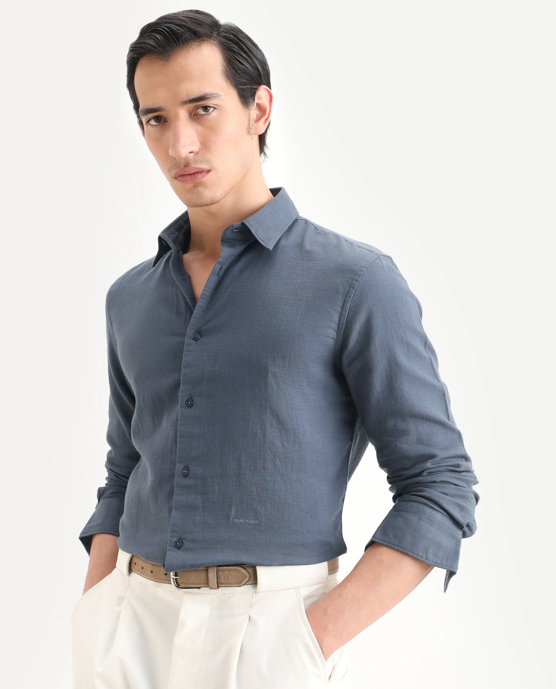 Rare Rabbit Men's Layerr-Ls Dusky Blue Cotton Fabric Full Sleeve Spread Collar Regular Fit Plain Shirt