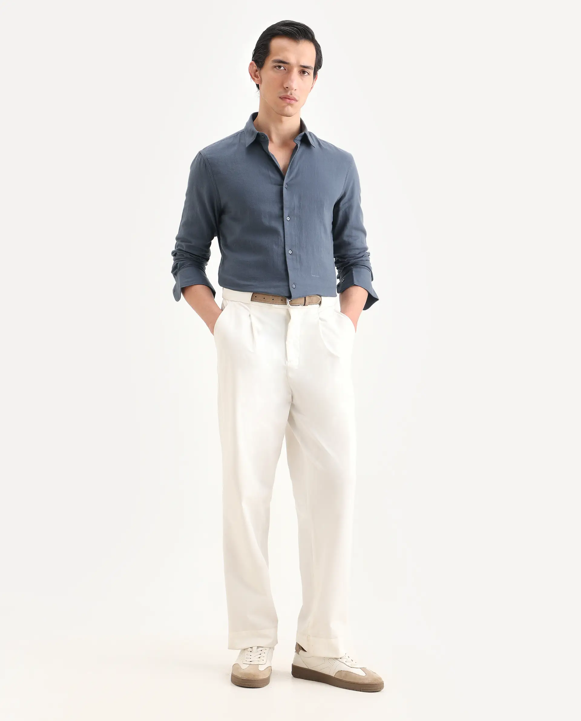 Rare Rabbit Men's Layerr-Ls Dusky Blue Cotton Fabric Full Sleeve Spread Collar Regular Fit Plain Shirt - Image 2