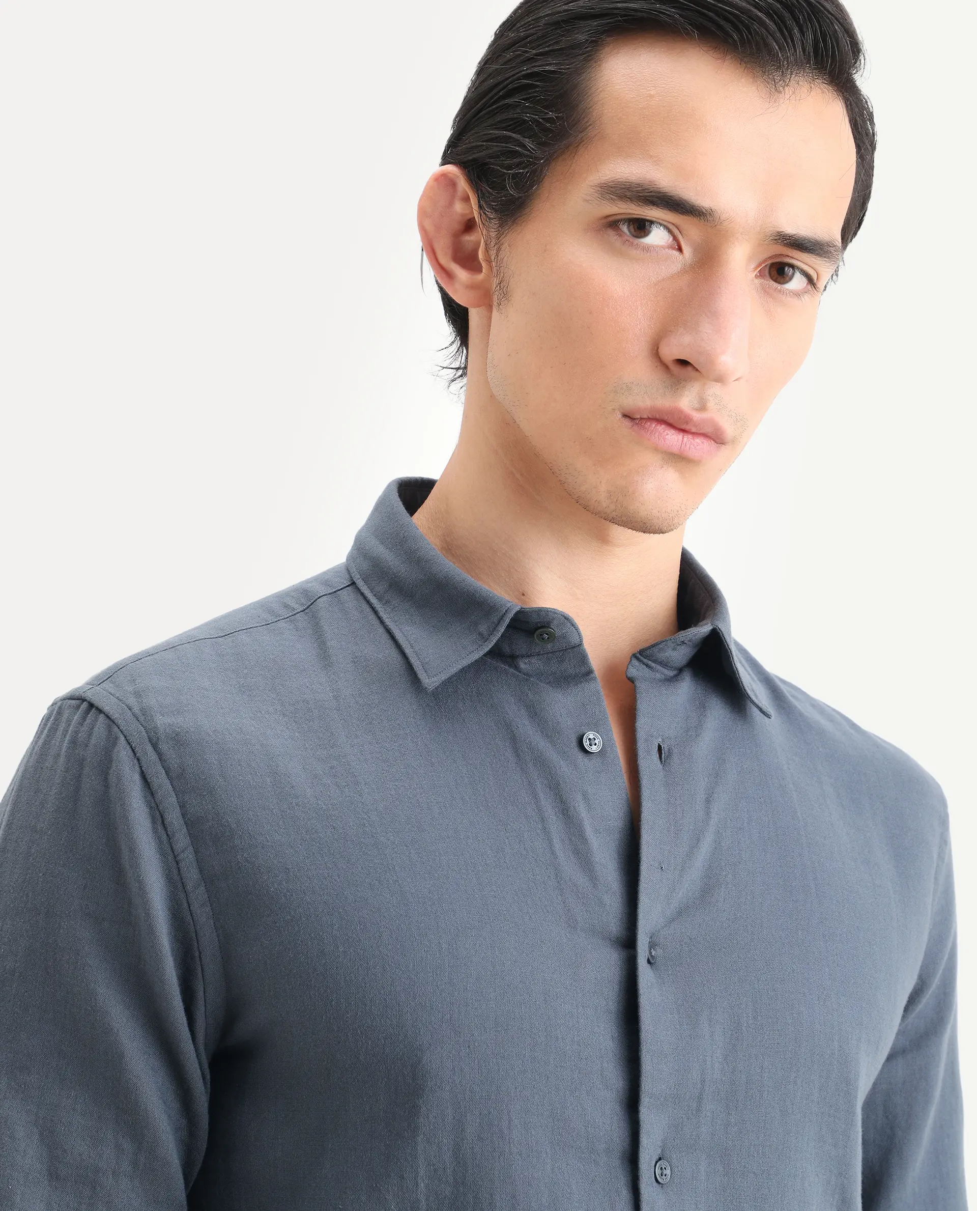 Rare Rabbit Men's Layerr-Ls Dusky Blue Cotton Fabric Full Sleeve Spread Collar Regular Fit Plain Shirt - Image 3
