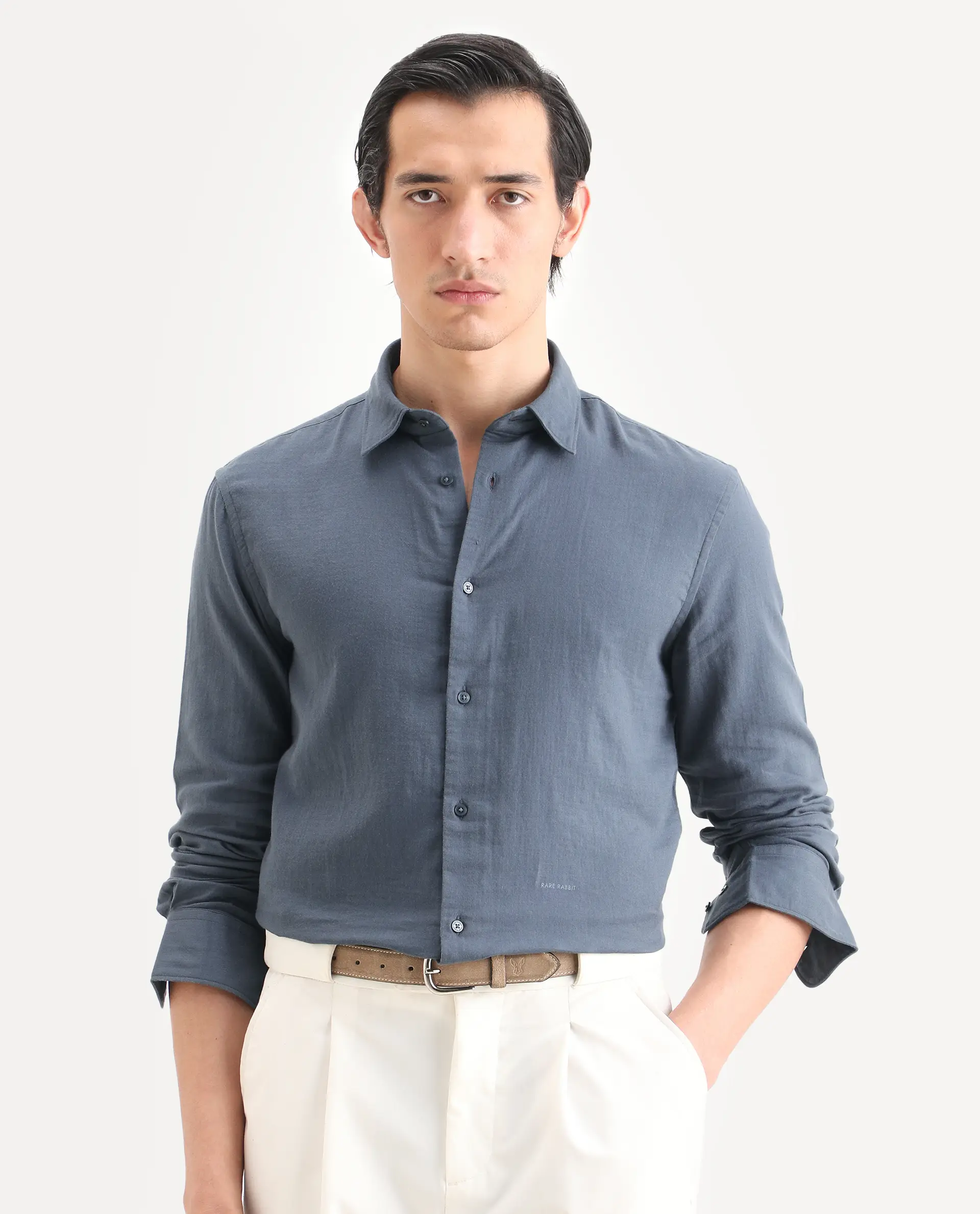 Rare Rabbit Men's Layerr-Ls Dusky Blue Cotton Fabric Full Sleeve Spread Collar Regular Fit Plain Shirt - Image 4