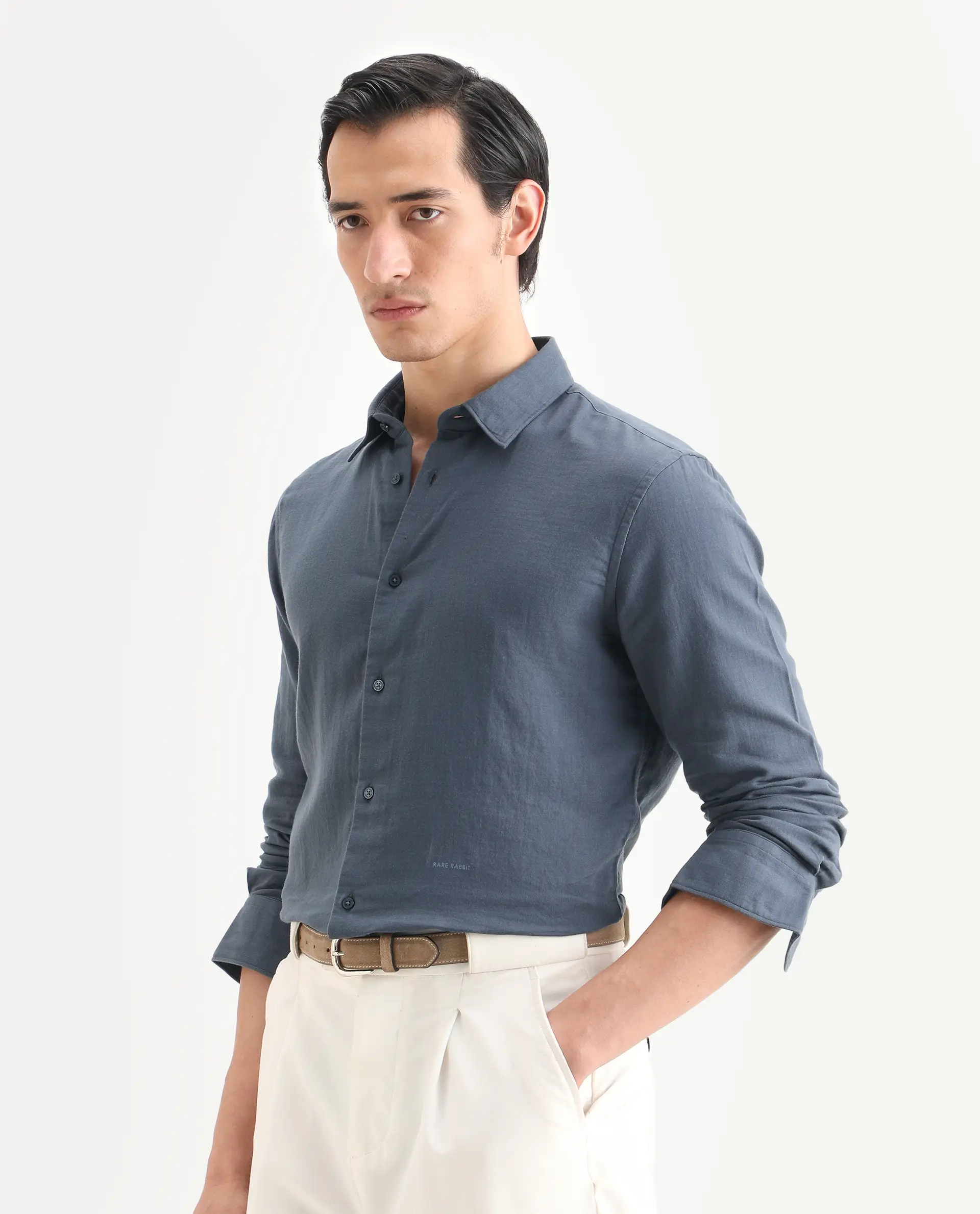 Rare Rabbit Men's Layerr-Ls Dusky Blue Cotton Fabric Full Sleeve Spread Collar Regular Fit Plain Shirt - Image 5